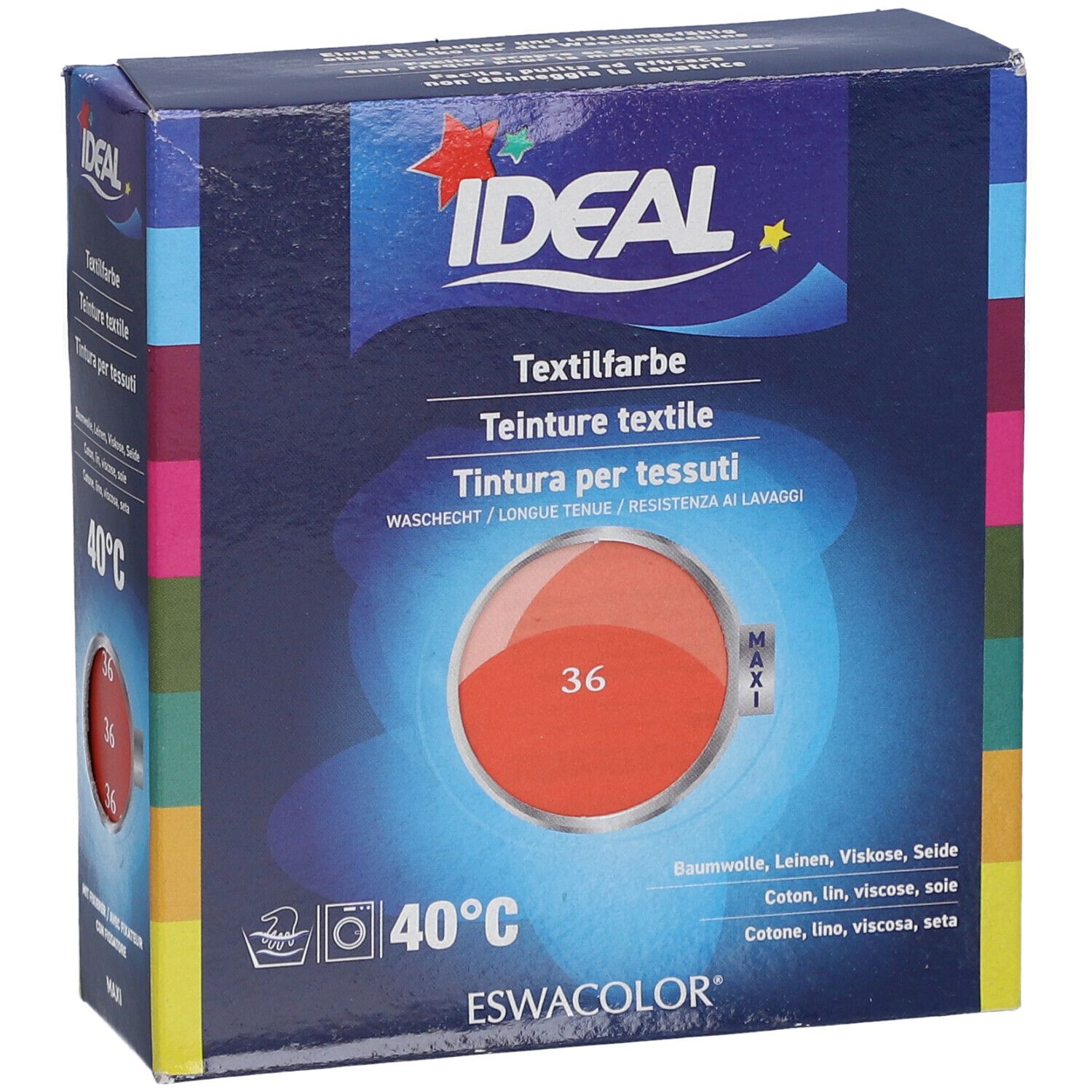IDEAL textielverfdoos. Kleur 36 Koraal. Wasbaar op 40°C. Voor katoen, linnen, viscose, zijde. ESWACOLOR.