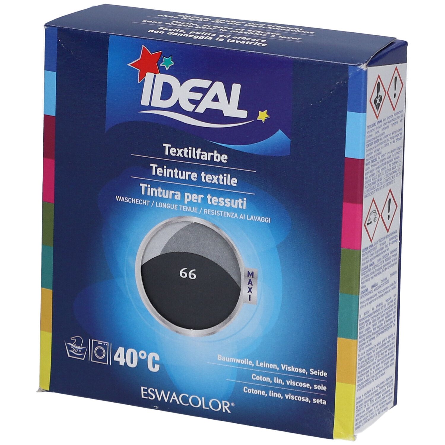 Donkerblauwe doos met productinfo. IDEAL-logo bovenaan. Textielverf, tint 66. Wassen 40°C. Voor katoen, linnen, viscose, zijde.