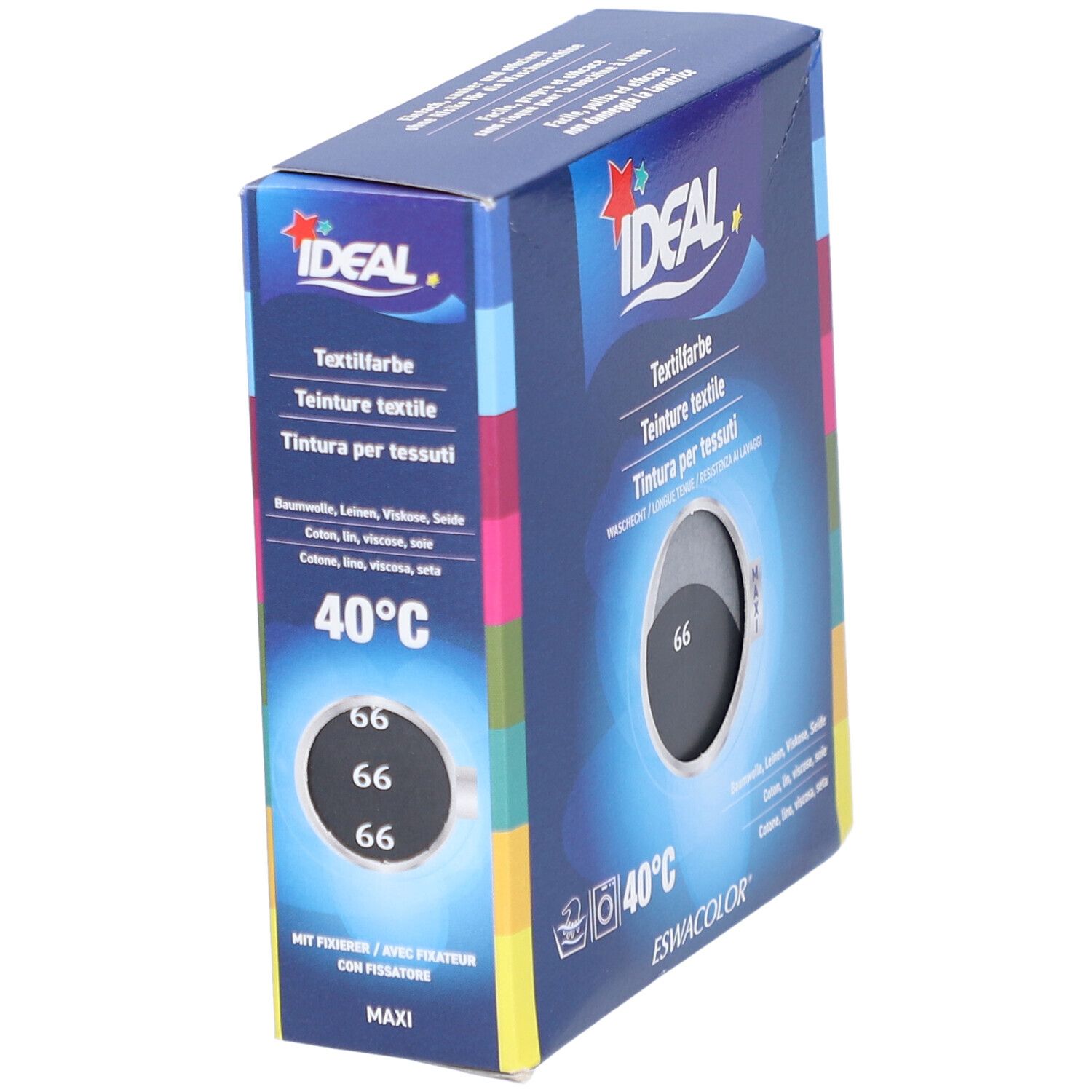 Doos met IDEAL-logo. Textielverf, tint 66. Wassen 40°C. Voor katoen, linnen, viscose, zijde. Schuine hoek.