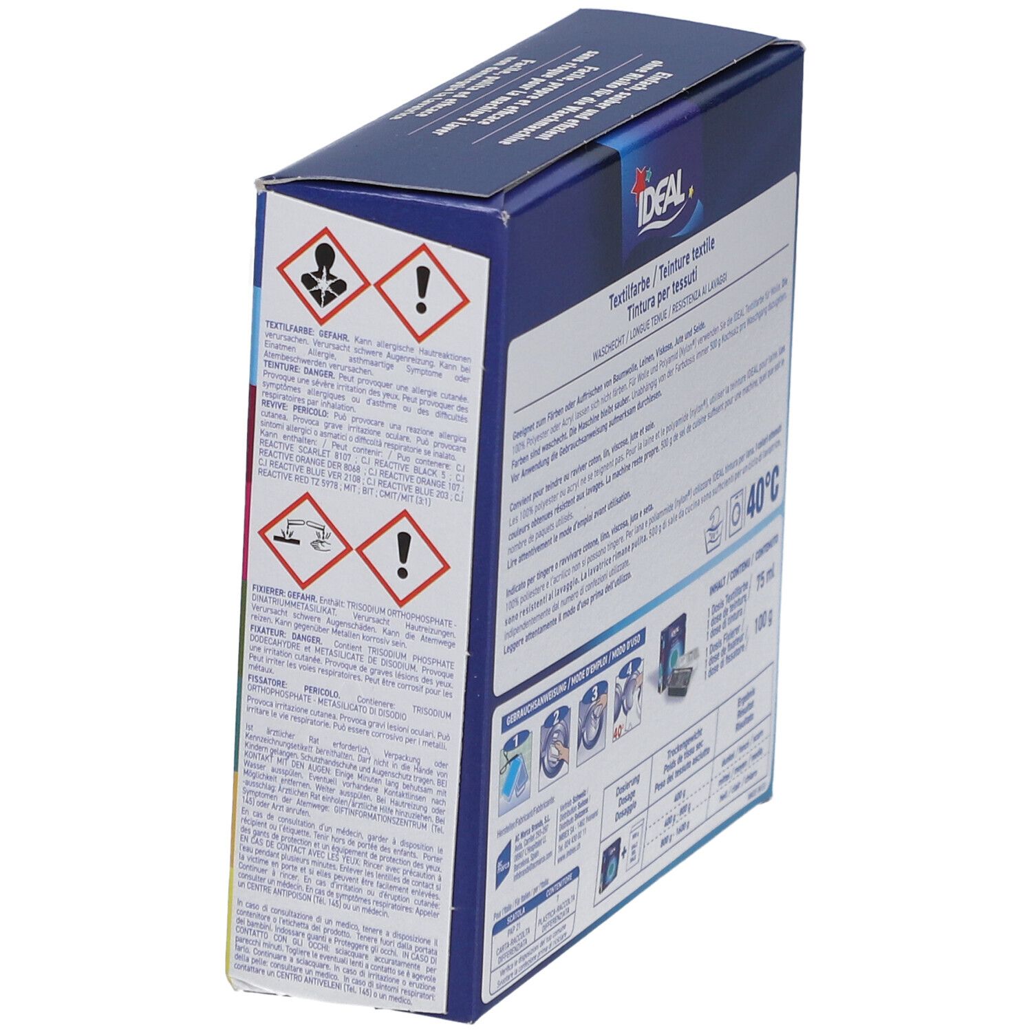 Doos met waarschuwingssymbolen en IDEAL-logo. Textielverf. Wassen 40°C. Tint 66. Schuine hoek.