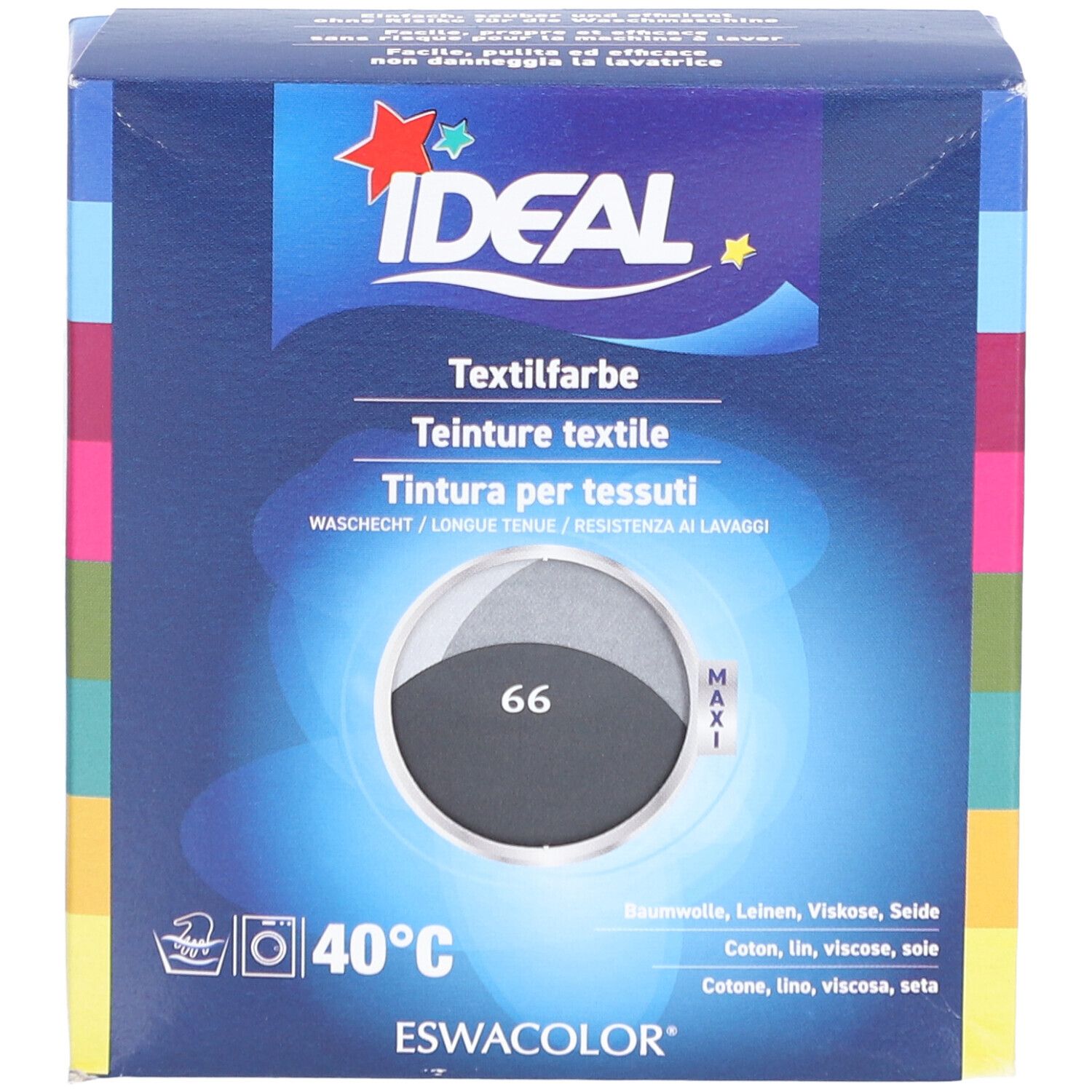 Donkerblauwe doos met IDEAL-logo. Textielverf, tint 66. Wassen 40°C. Voor katoen, linnen, viscose, zijde.