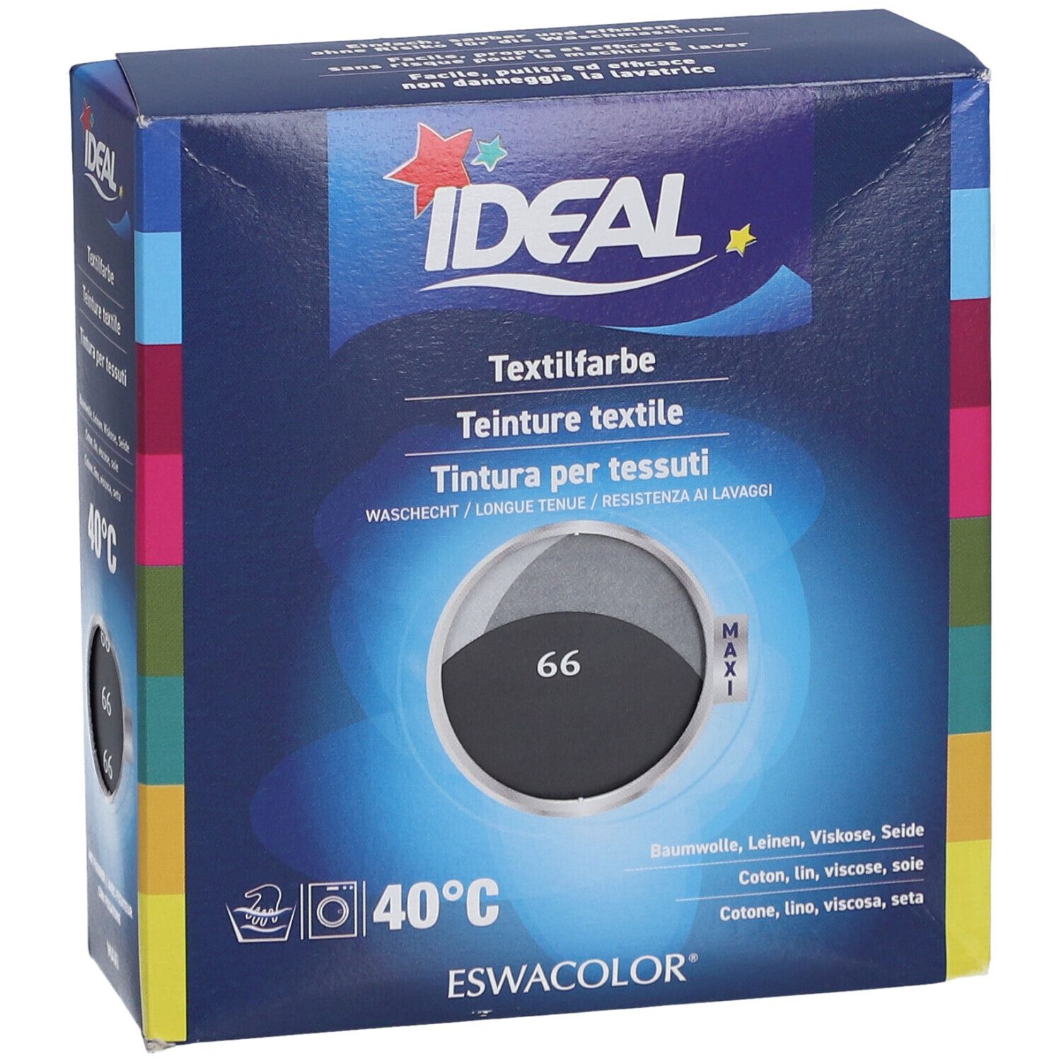 Donkerblauwe doos met IDEAL-logo. Textielverf, tint 66. Wassen 40°C. Voor katoen, linnen, viscose, zijde.