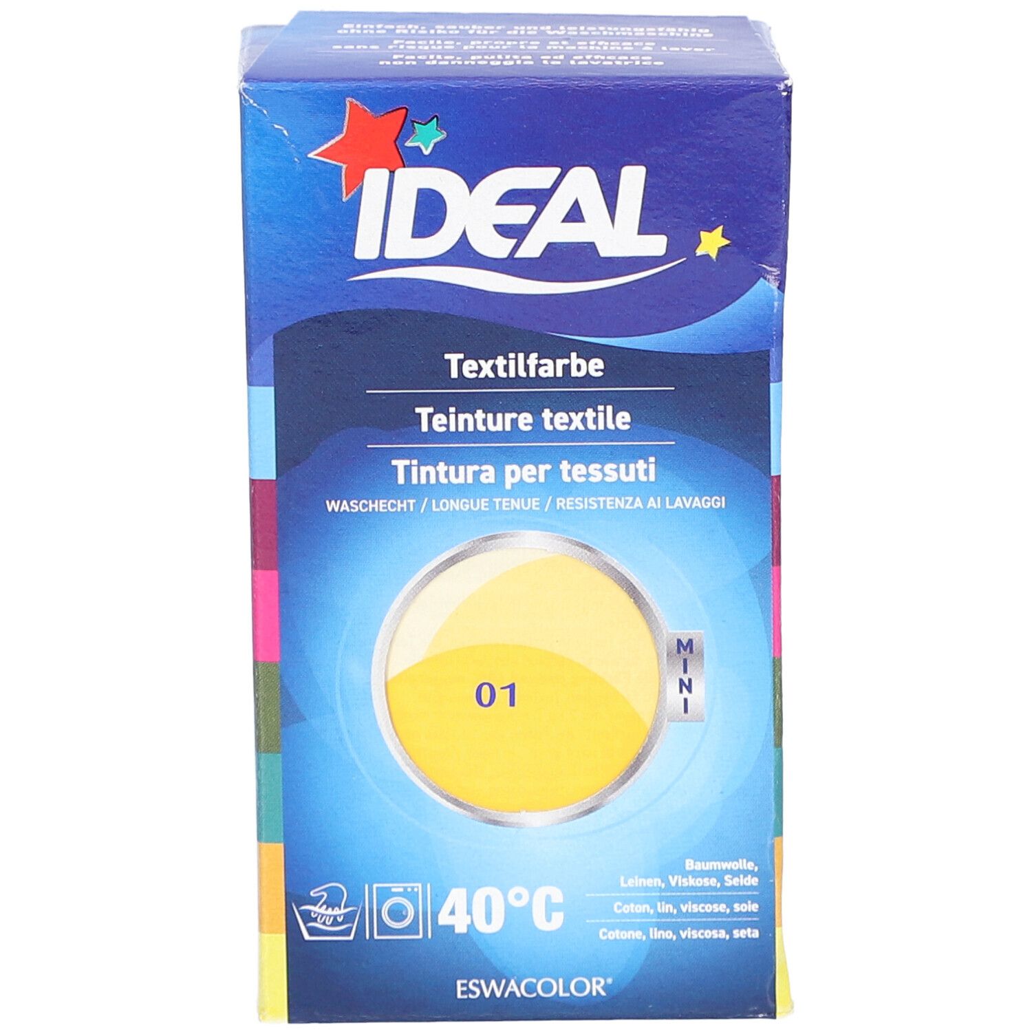 Boîte de teinture textile jaune. Inscription : IDEAL Textilfarbe, 01, MINI. Symbole de lavage et 40°C.