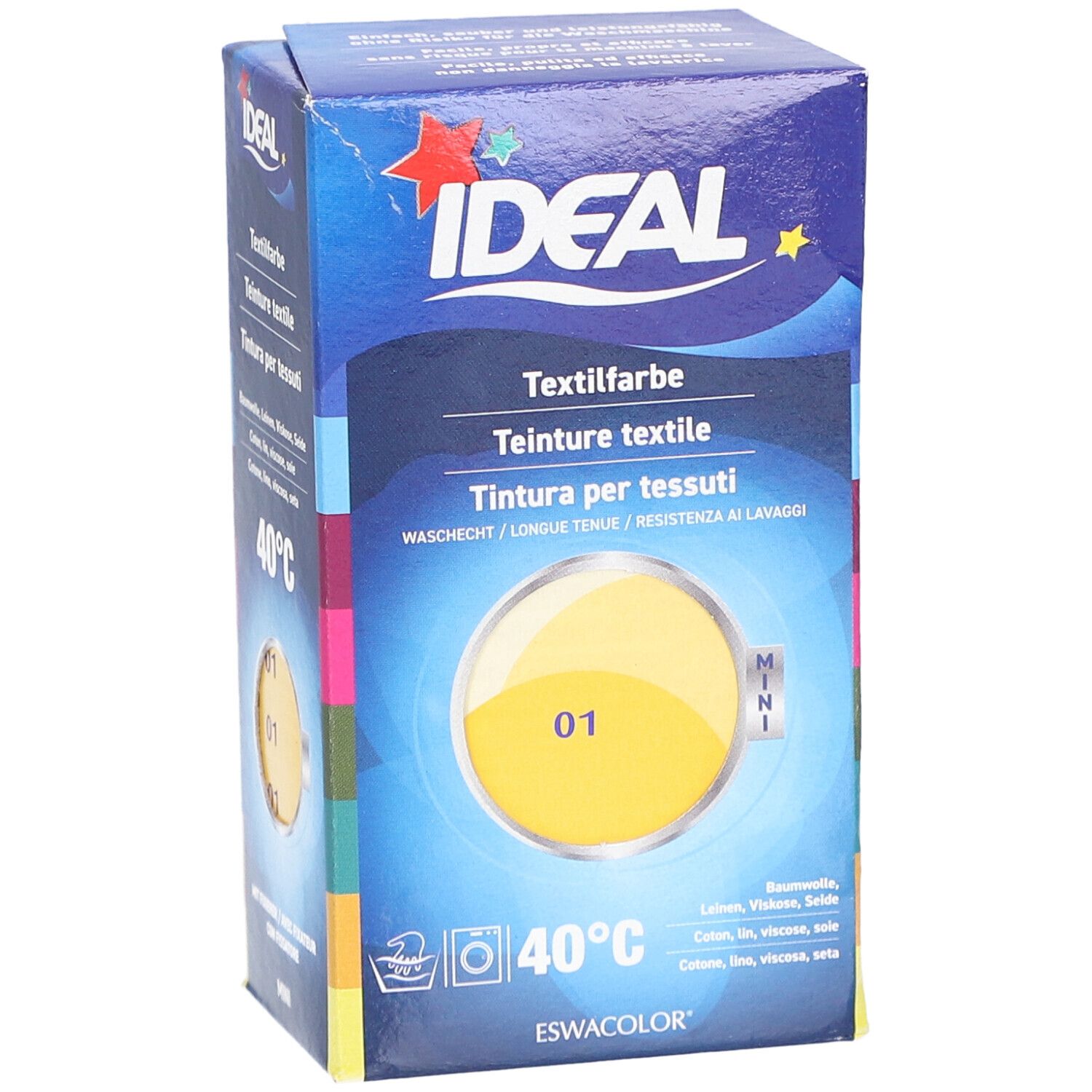 Boîte de teinture textile jaune. Inscription : IDEAL Textilfarbe, 01, MINI. Symbole de lavage et 40°C.