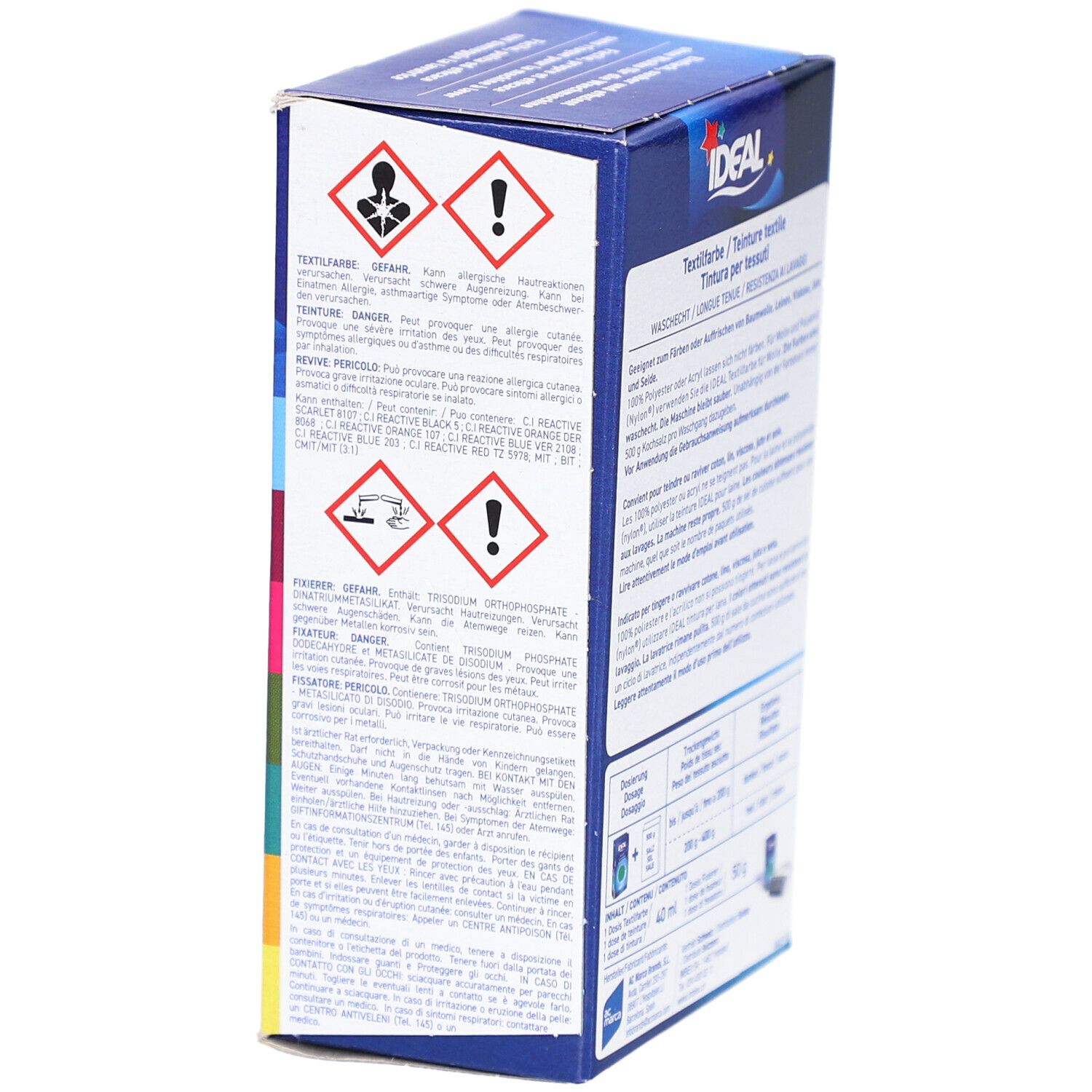 Côté de la boîte Ideal MINI. Avertissements et informations produit.