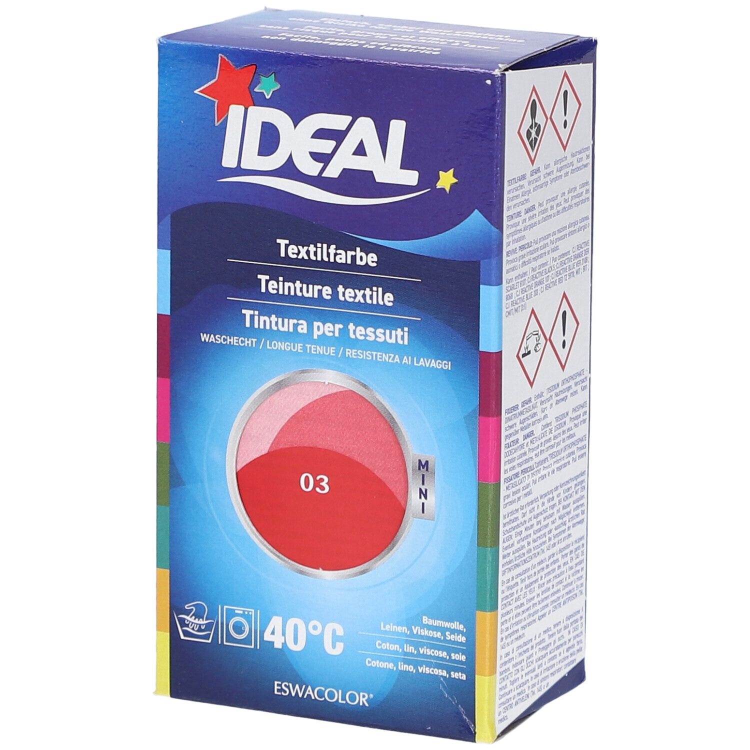 Boîte de teinture textile IDEAL, teinte 03, rouge. Lavable à 40°C. Pour coton, lin, jute et viscose.