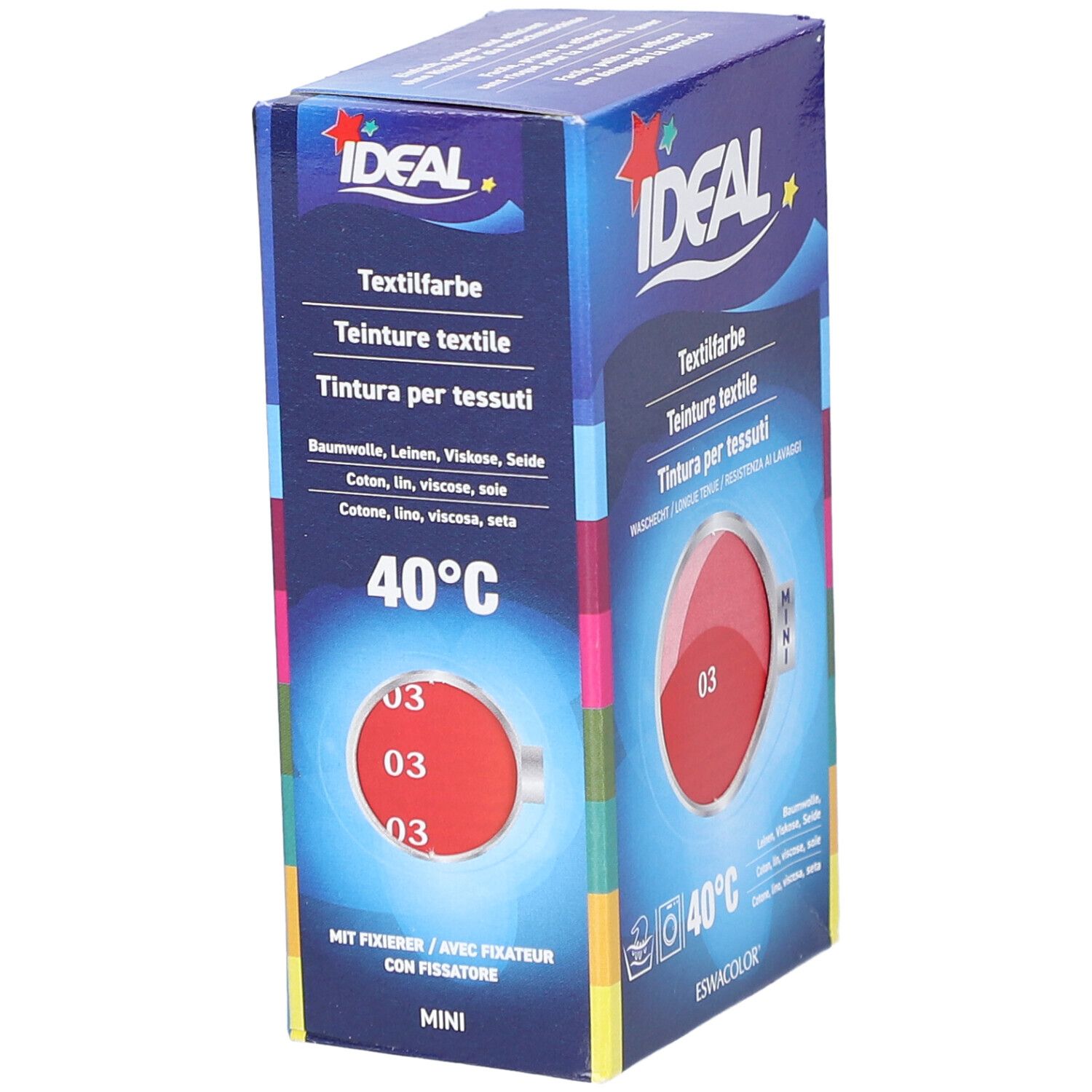 Boîte de teinture textile IDEAL, teinte 03, rouge. Lavable à 40°C. Pour coton, lin, jute et viscose.
