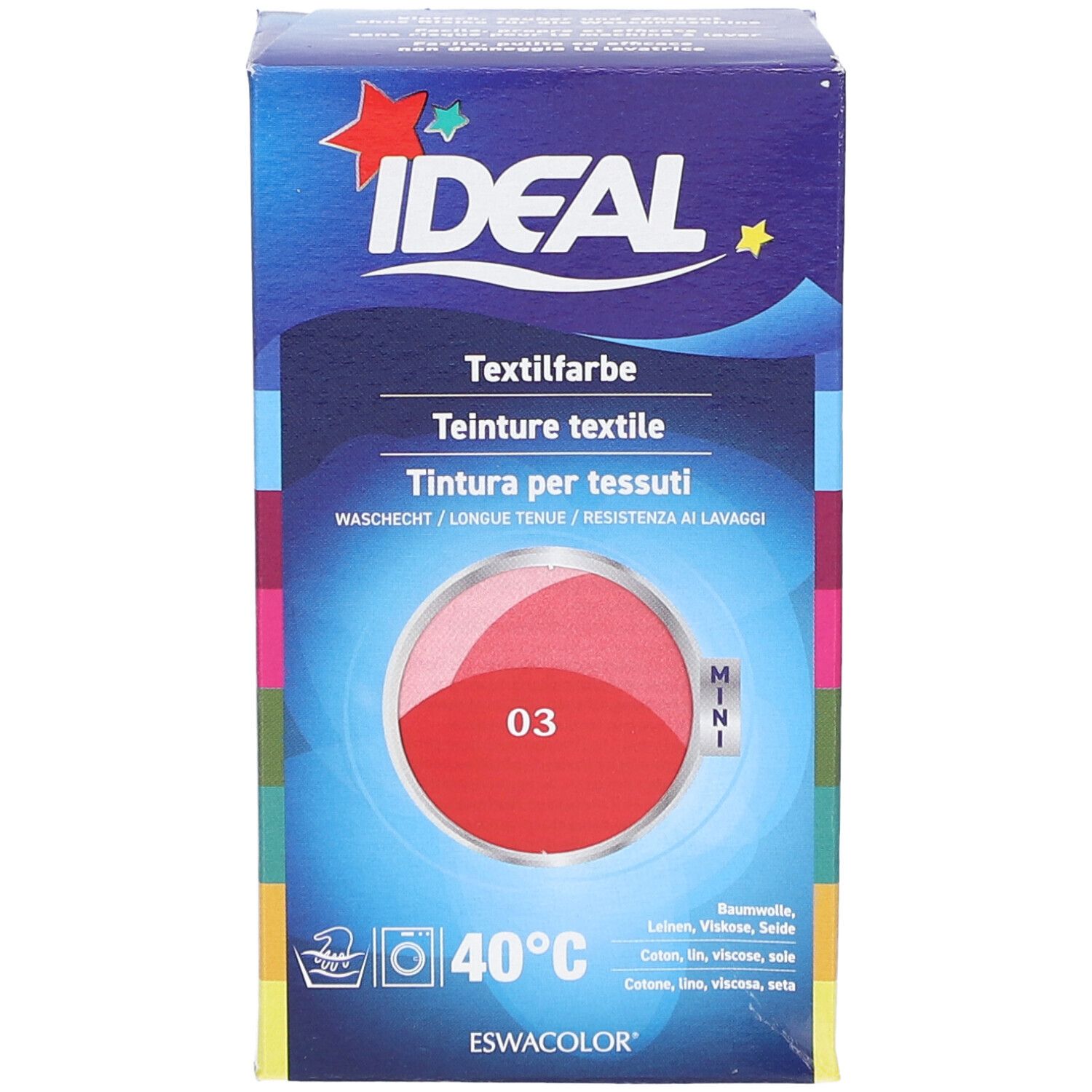 Boîte de teinture textile IDEAL, teinte 03, rouge. Lavable à 40°C. Pour coton, lin, jute et viscose.