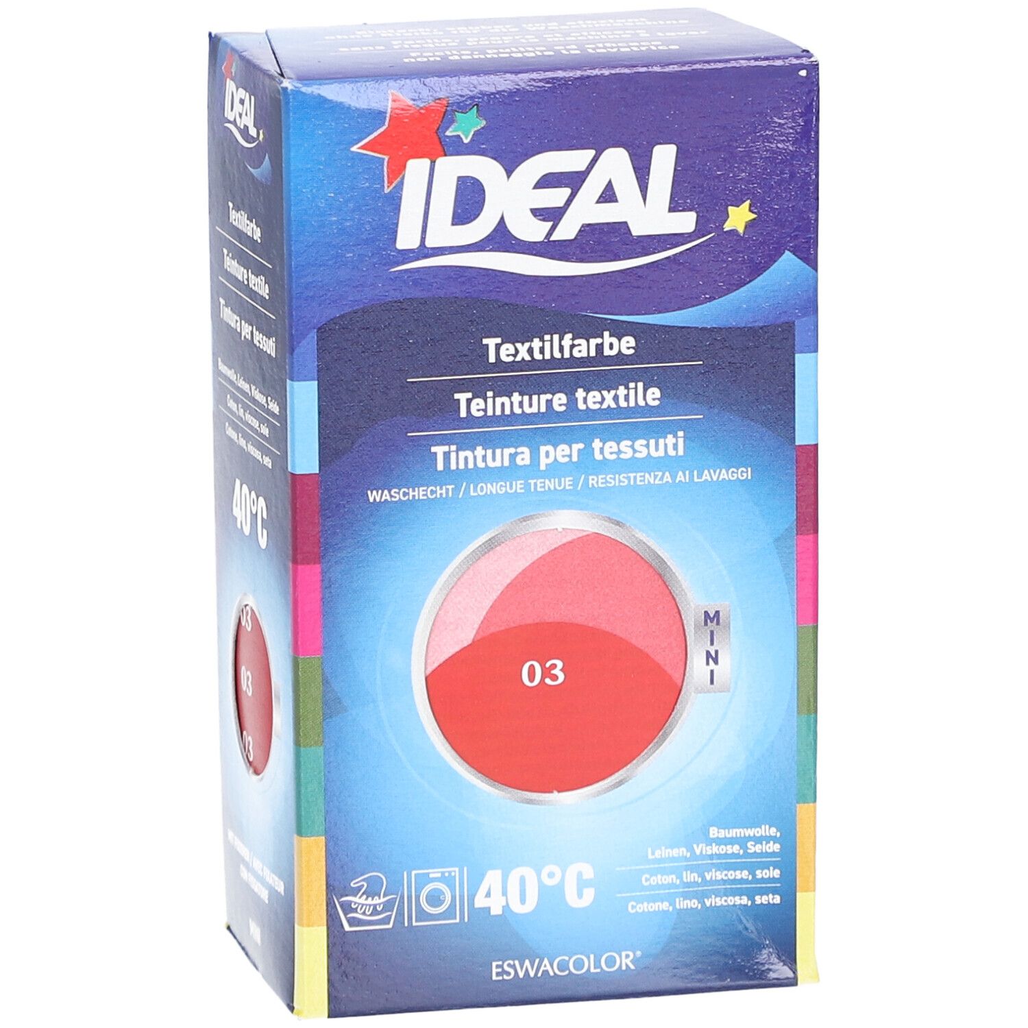 Boîte de teinture textile IDEAL, teinte 03, rouge. Lavable à 40°C. Pour coton, lin, jute et viscose.