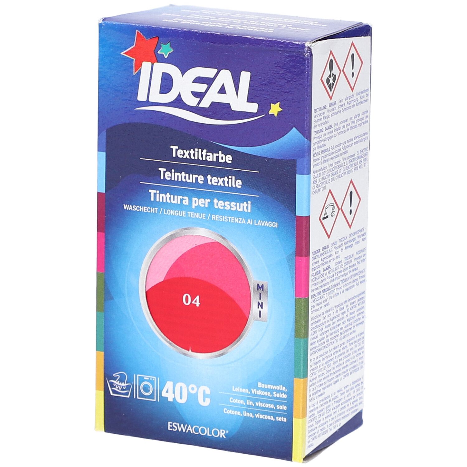 Boîte de teinture textile IDEAL, teinte 04 rouge. Pour coton, lin, viscose et soie. Lavable à 40°C. Mini format.
