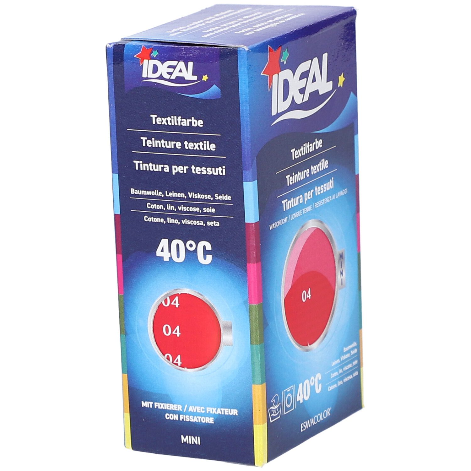 Boîte de teinture textile IDEAL, teinte 04 rouge. Pour coton, lin, viscose et soie. Lavable à 40°C. Format MINI.