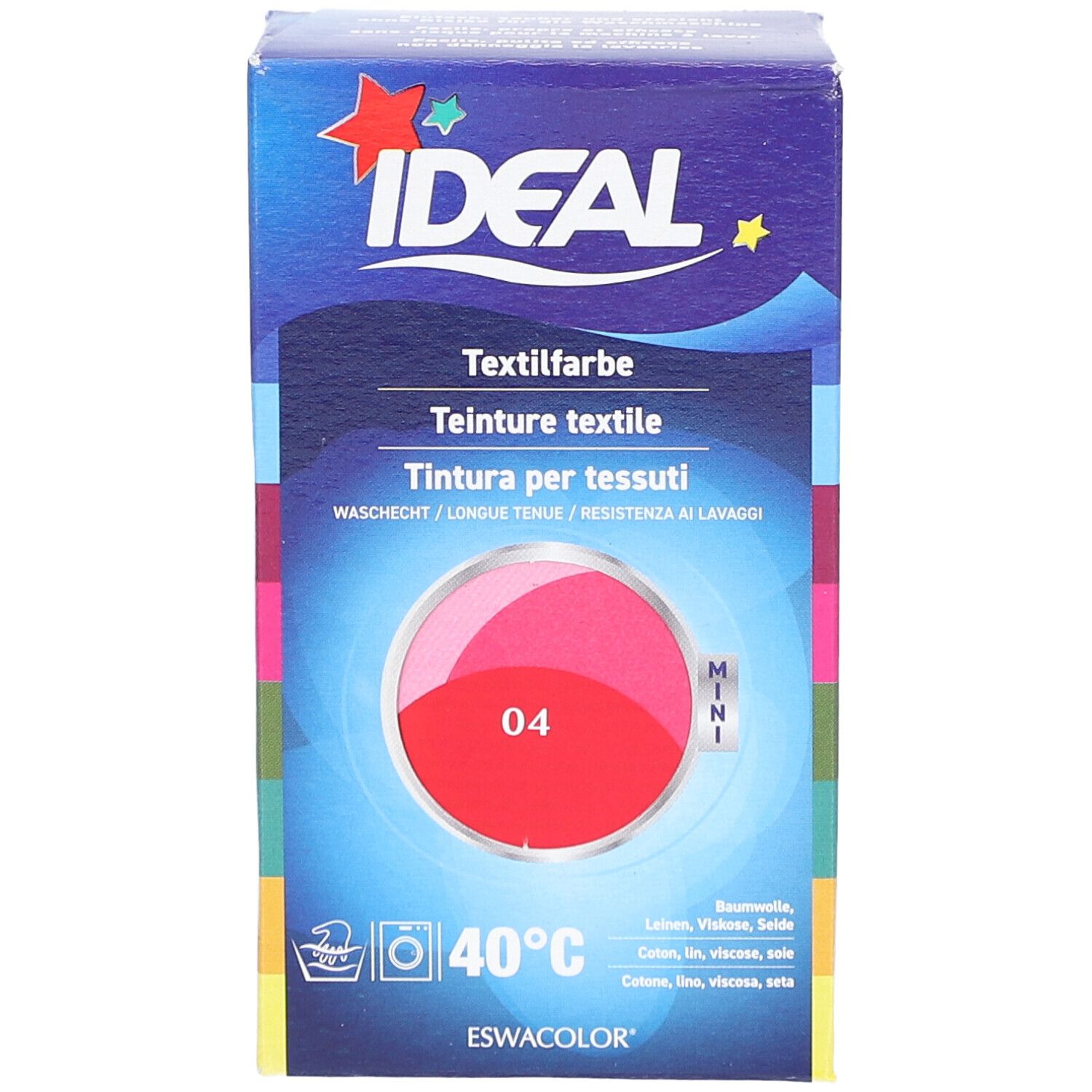 Boîte de teinture textile IDEAL, teinte 04 rouge. Pour coton, lin, viscose et soie. Lavable à 40°C. Mini format.