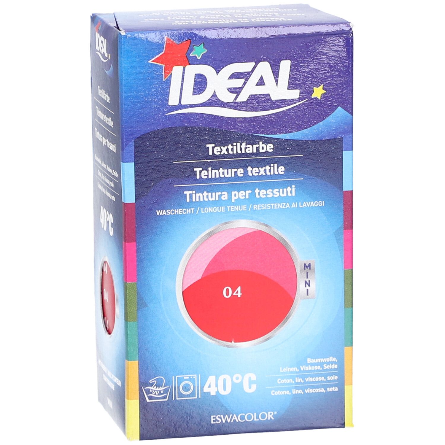Boîte de teinture textile IDEAL, teinte 04 rouge. Pour coton, lin, viscose et soie. Lavable à 40°C. Mini format.