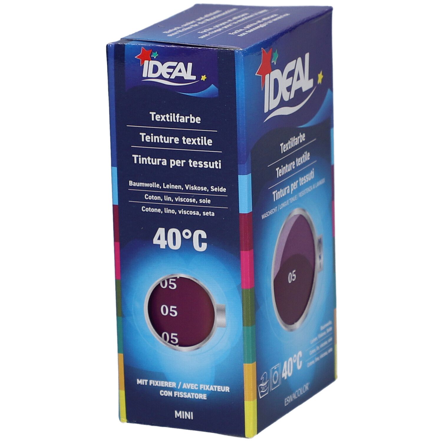 Boîte de teinture textile IDEAL, couleur 05 Violet. Lavable à 40°C. Format Mini.