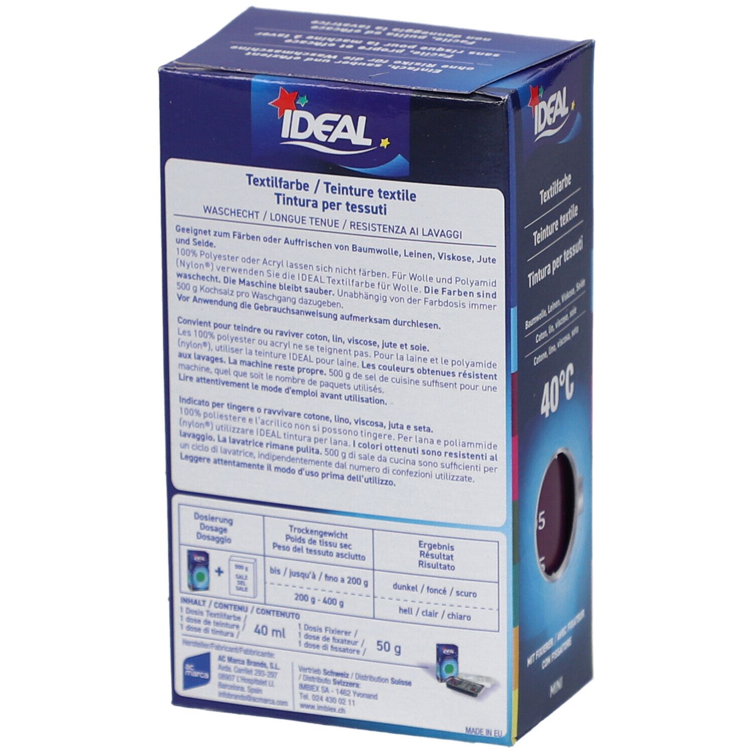 Dos de la boîte de teinture textile. Informations sur les ingrédients, l'utilisation et le lavage.