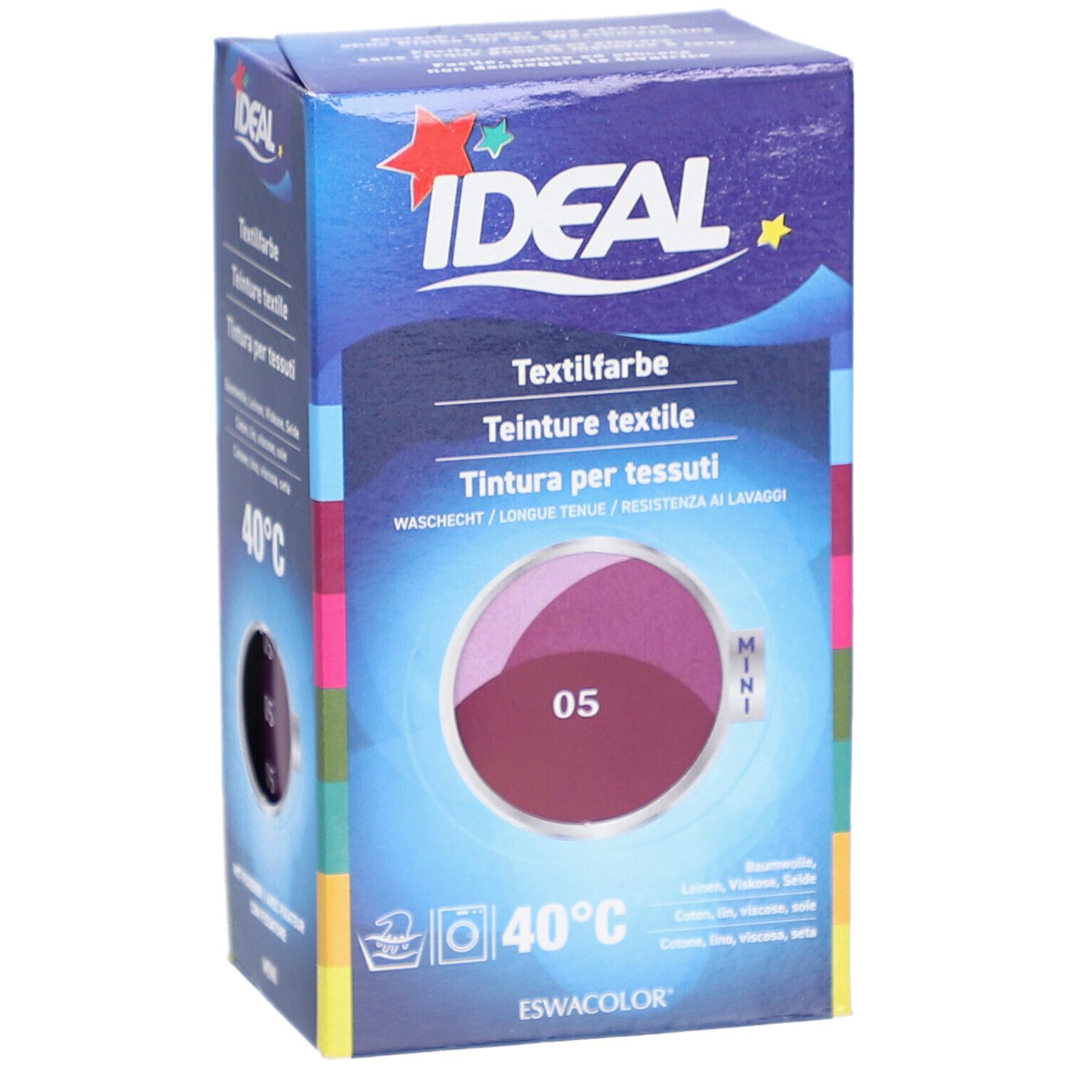 Boîte de teinture textile IDEAL, couleur 05 Violet. Lavable à 40°C. Format Mini.