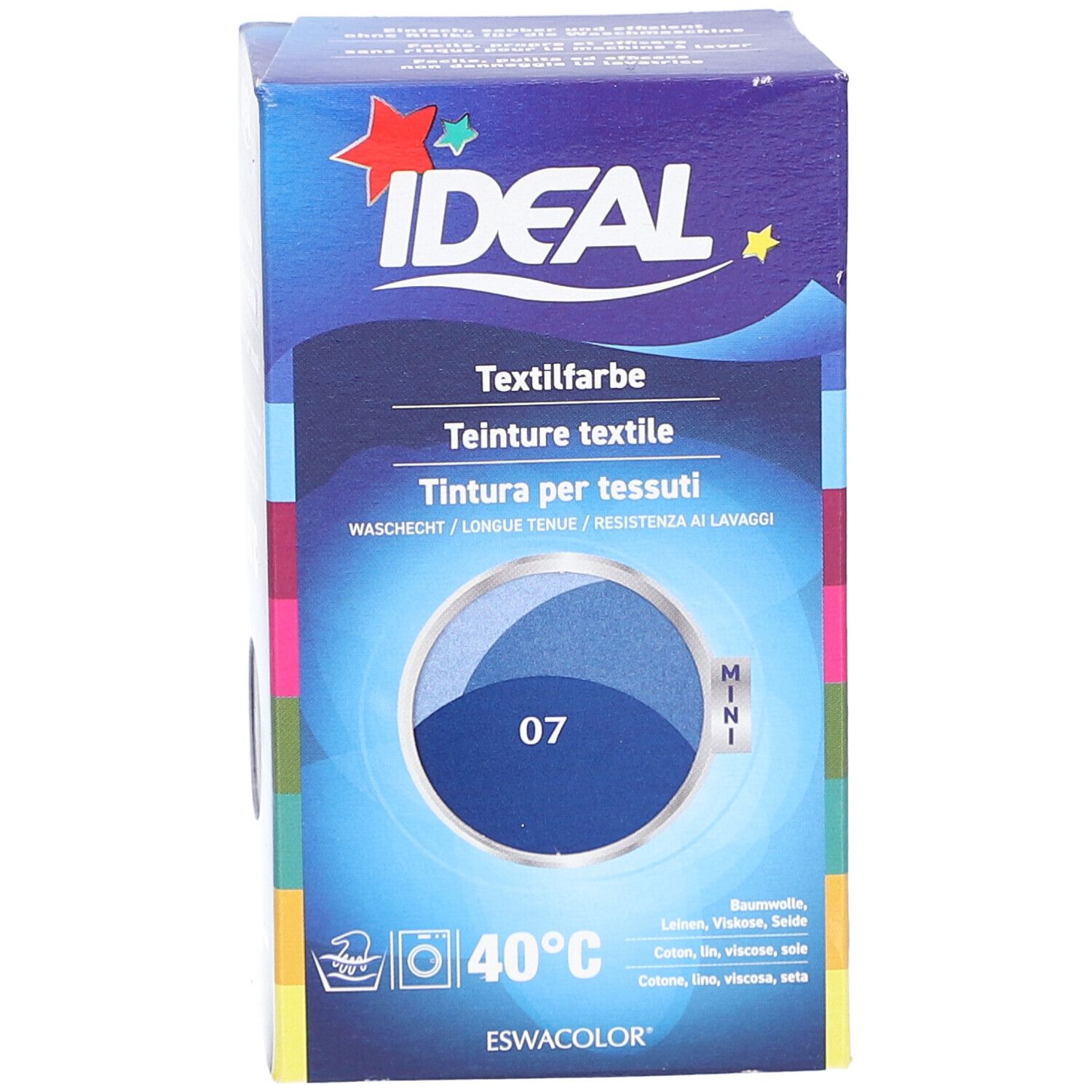 Boîte de teinture textile IDEAL. Échantillon bleu n°07. Lavage à 40°C. Pour coton, lin, viscose et soie.