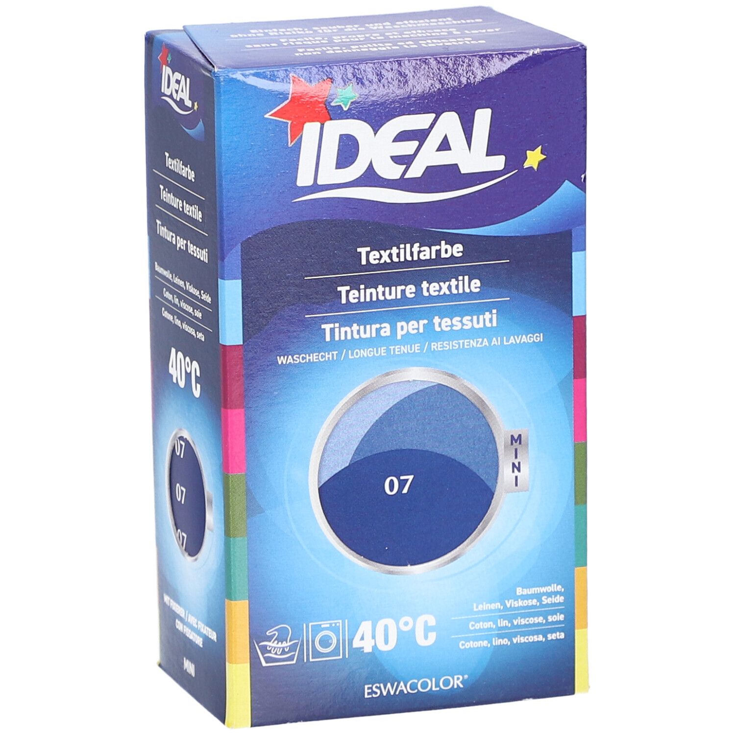 Boîte de teinture textile IDEAL. Échantillon bleu n°07. Lavage à 40°C. Pour coton, lin, viscose et soie.