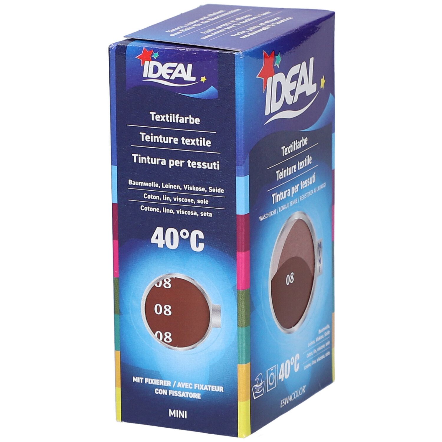 Verpakking textielverf IDEAL, kleur 08. Voor katoen, linnen, viscose, zijde. Wasbaar op 40°C. Met fixeermiddel. Mini formaat.