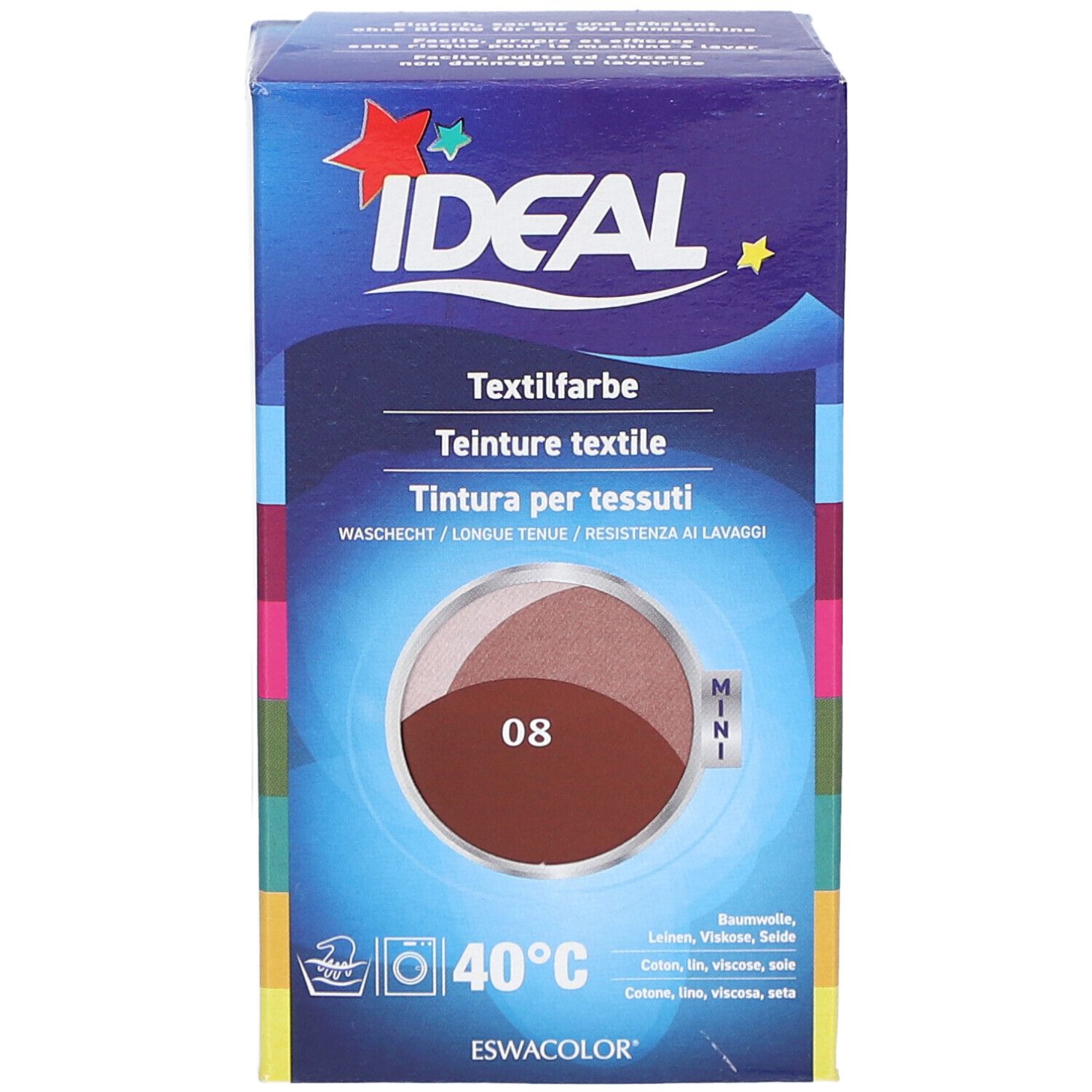 Verpakking textielverf IDEAL, kleur 08. Wasbaar op 40°C. Voor katoen, linnen, jute & viscose. Mini formaat.