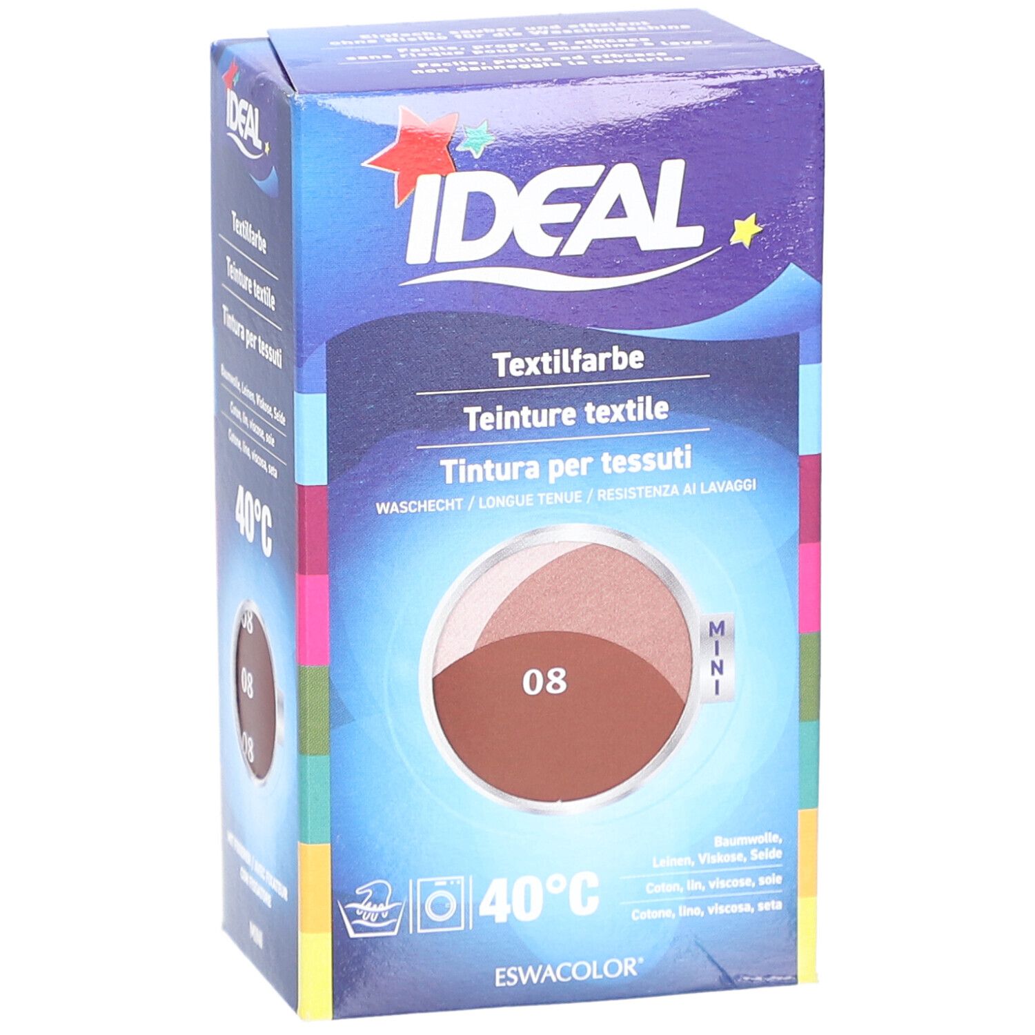 Verpakking textielverf IDEAL, kleur 08. Wasbaar op 40°C. Voor katoen, linnen, viscose, zijde. Mini formaat.