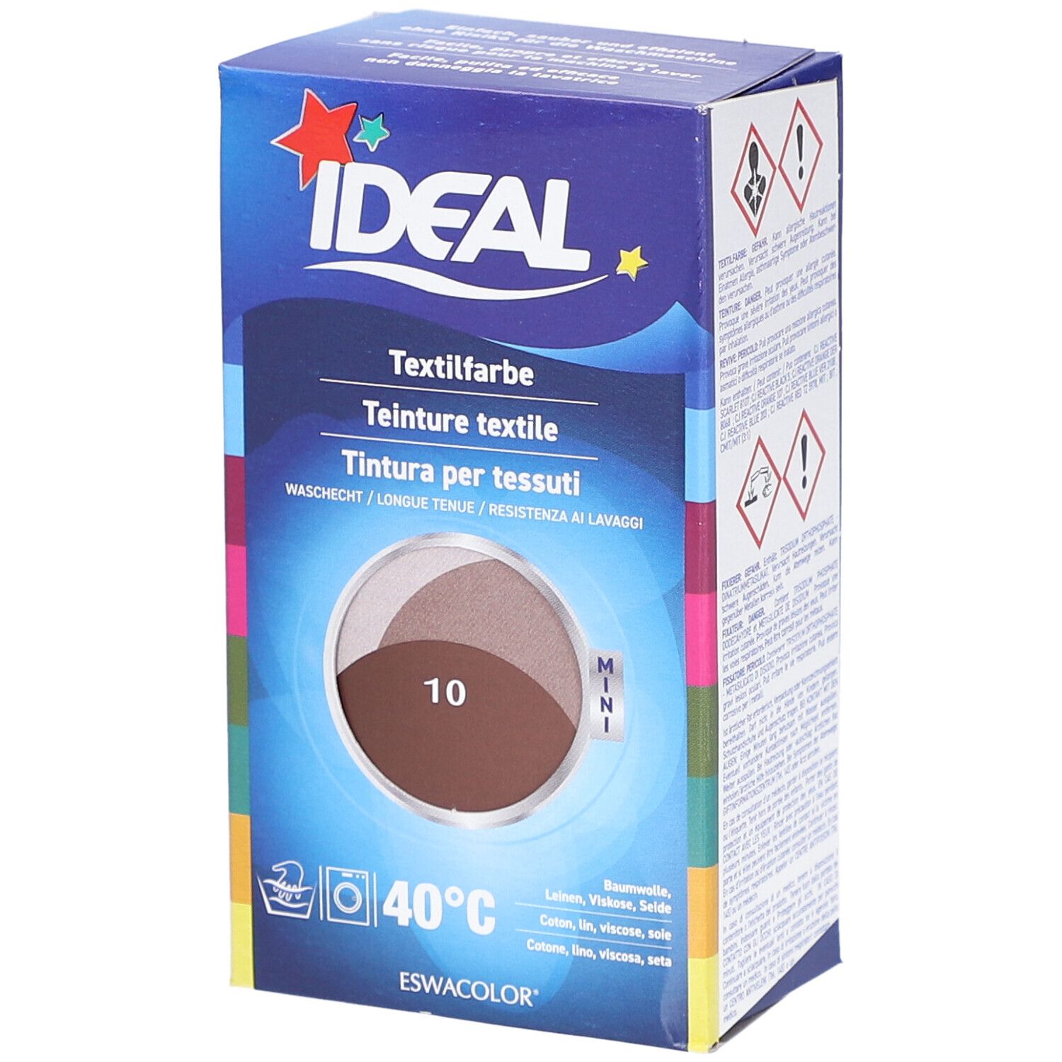 Ideal MINI teinture textile, marron. Emballage avec illustration du produit et symbole de lavage. Texte en allemand, italien et français.