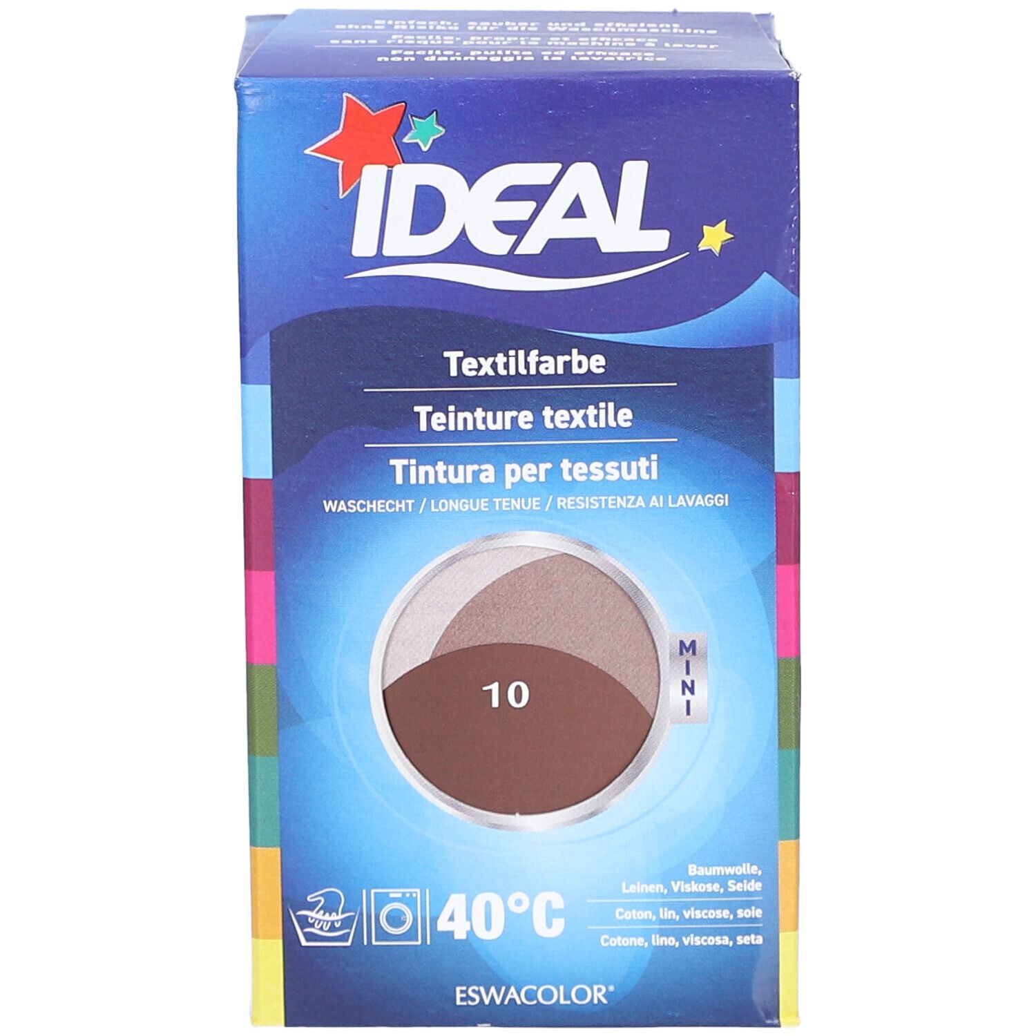 Ideal MINI teinture textile, marron. Emballage avec illustration du produit et symbole de lavage. Texte en allemand, italien et français.
