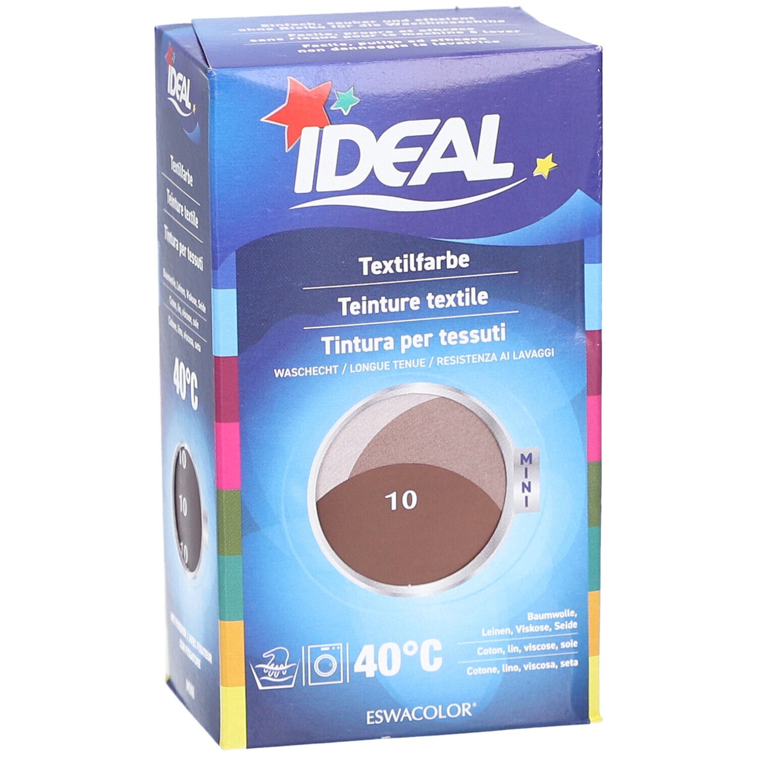 Ideal MINI teinture textile, marron. Emballage avec illustration du produit et symbole de lavage. Texte en allemand, italien et français.