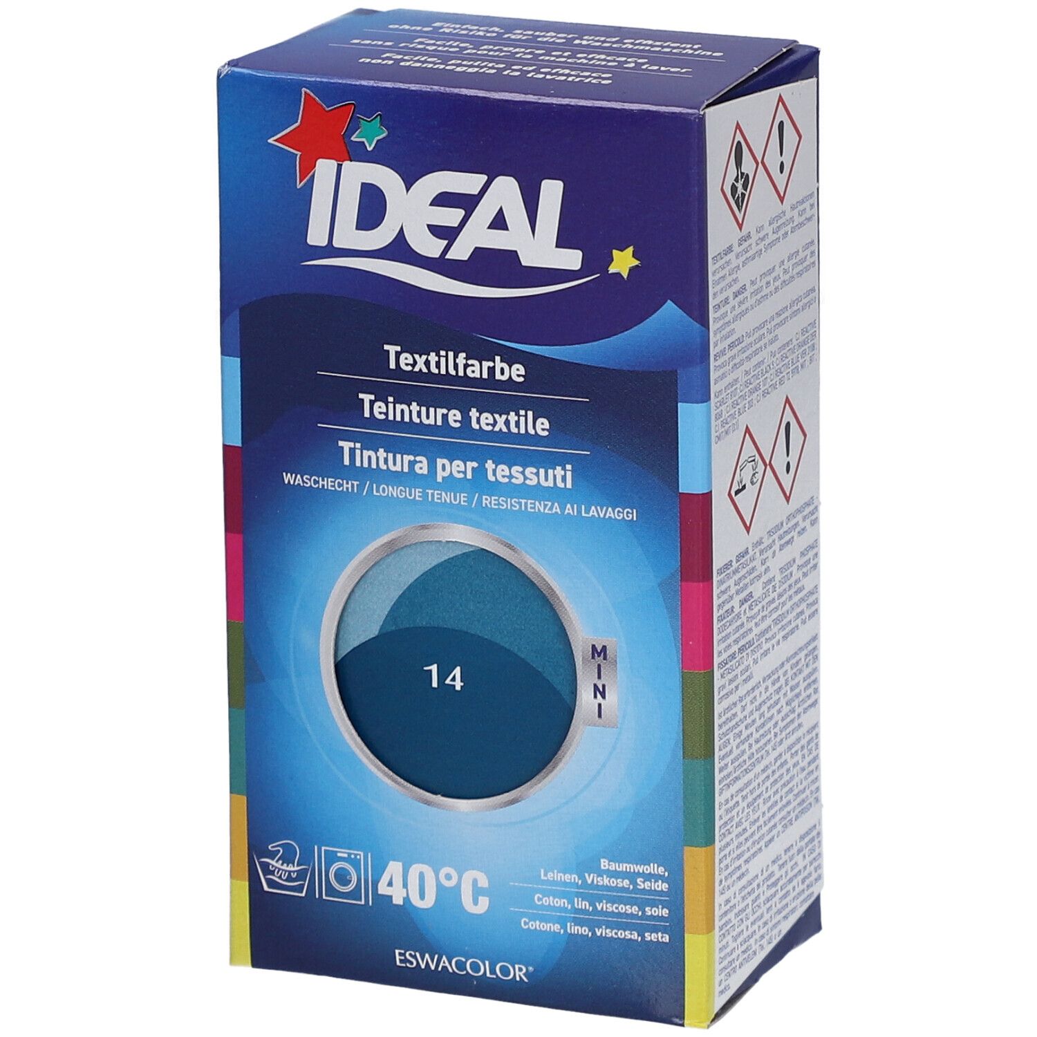 IDEAL textielverf, petrolblauw 14, in doos. Wassen op 40°C. Mini formaat. Kleurencirkel. Merk IDEAL.