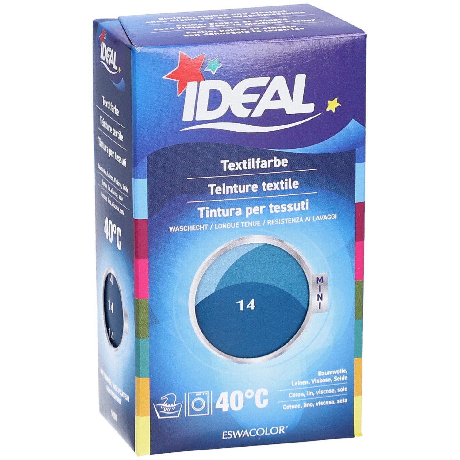 IDEAL textielverf, petrolblauw 14, in doos. Wassen op 40°C. Mini formaat. Kleurencirkel. Merk IDEAL.