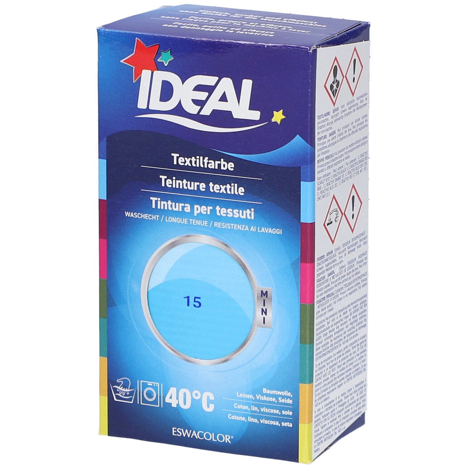 Boîte de teinture textile IDEAL. Couleur bleue, symbole de lavage, 40°C. Nom du produit et numéro de couleur 15.