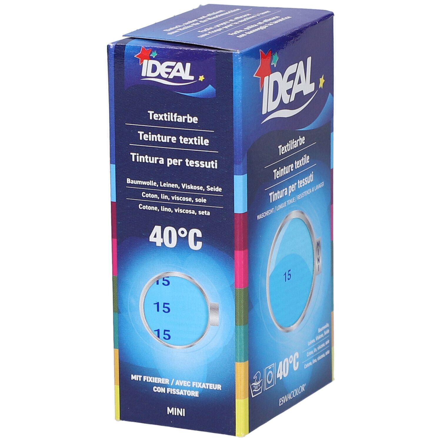 Boîte de teinture textile IDEAL. Couleur bleue, symbole de lavage, 40°C. Nom du produit et numéro de couleur 15.