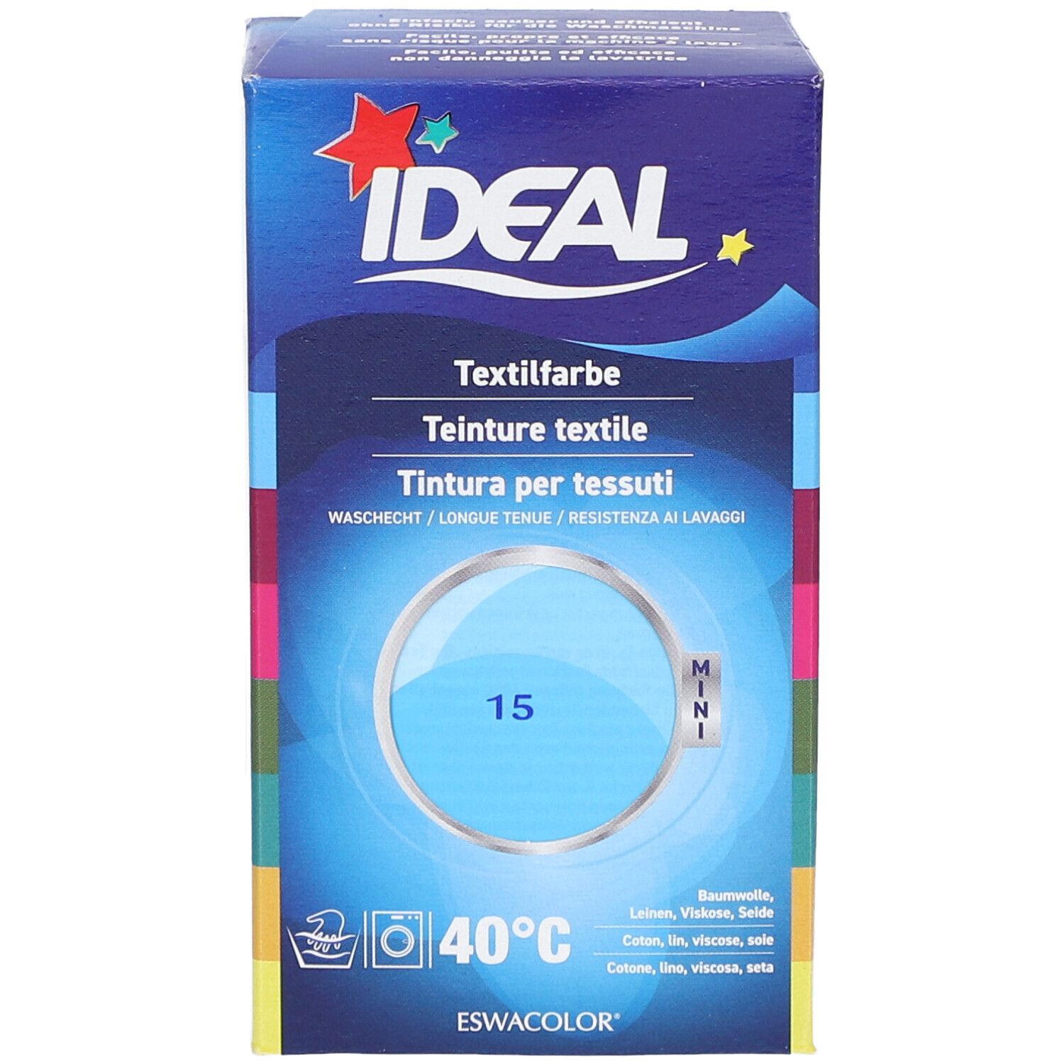 Boîte de teinture textile IDEAL. Couleur bleue, symbole de lavage, 40°C. Nom du produit et numéro de couleur 15.