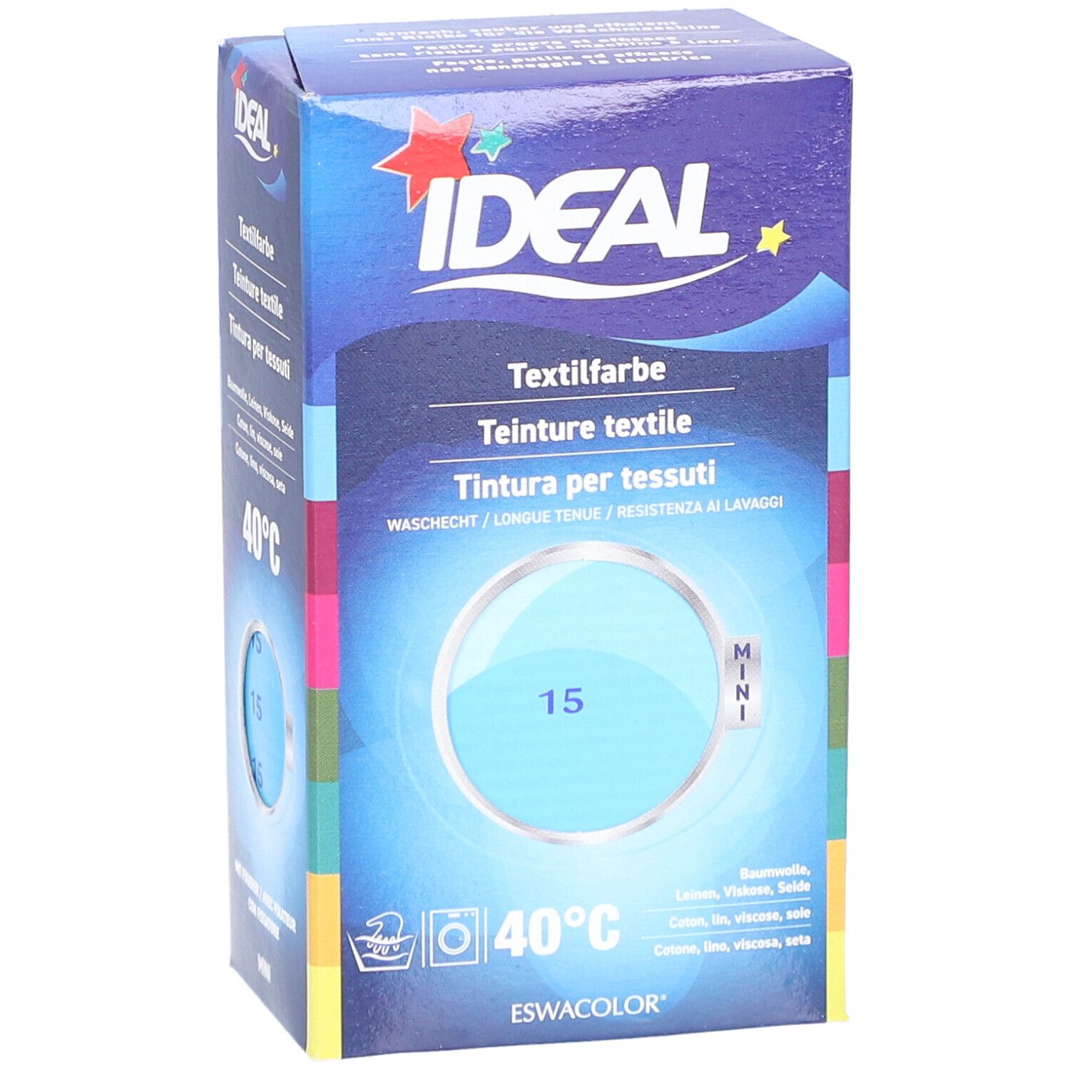 Boîte de teinture textile IDEAL. Couleur bleue, symbole de lavage, 40°C. Nom du produit et numéro de couleur 15.