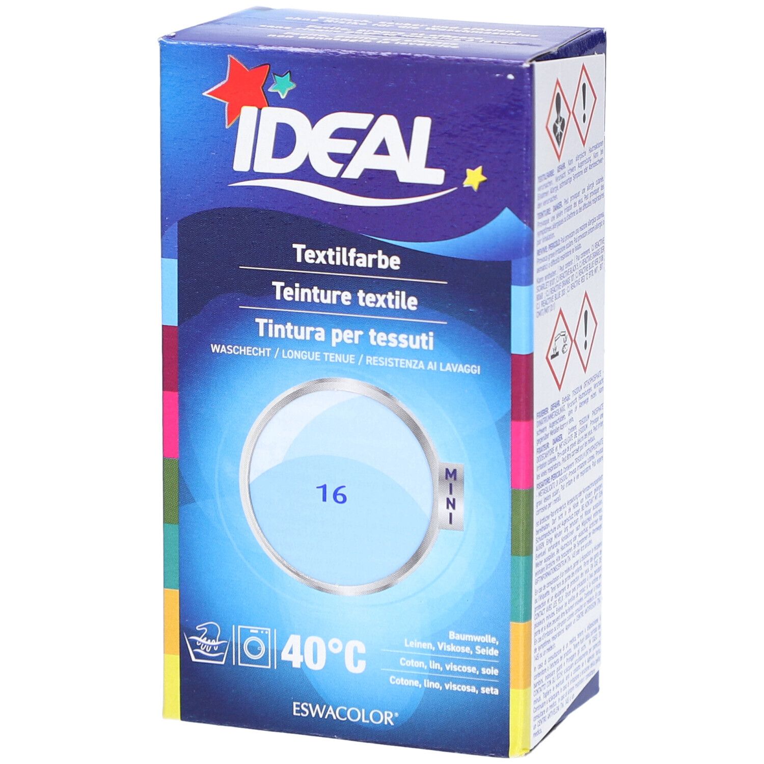 Boîte de teinture textile IDEAL, bleu clair, numéro 16. Pour coton, lin, viscose et soie. Lavage à 40°C.