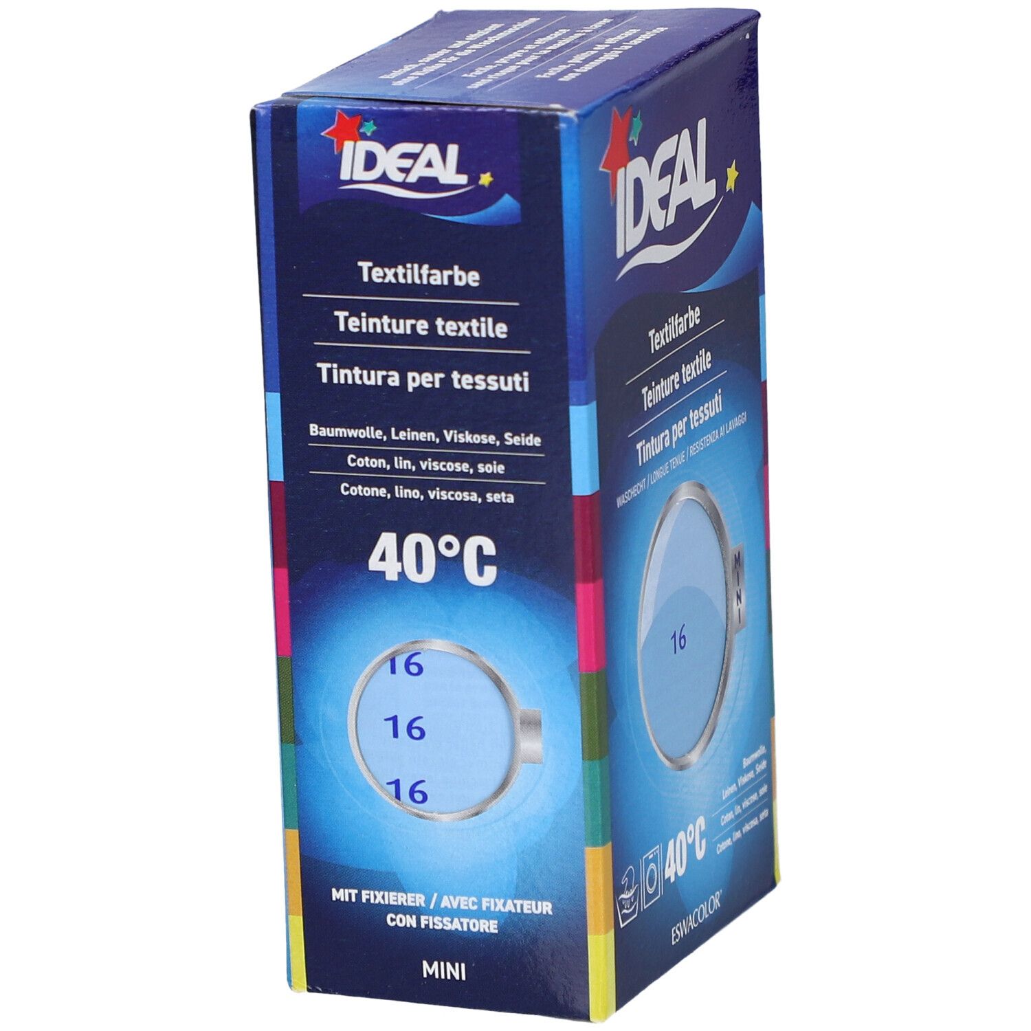 Boîte de teinture textile IDEAL, bleu clair, numéro 16. Format MINI. Lavage à 40°C.