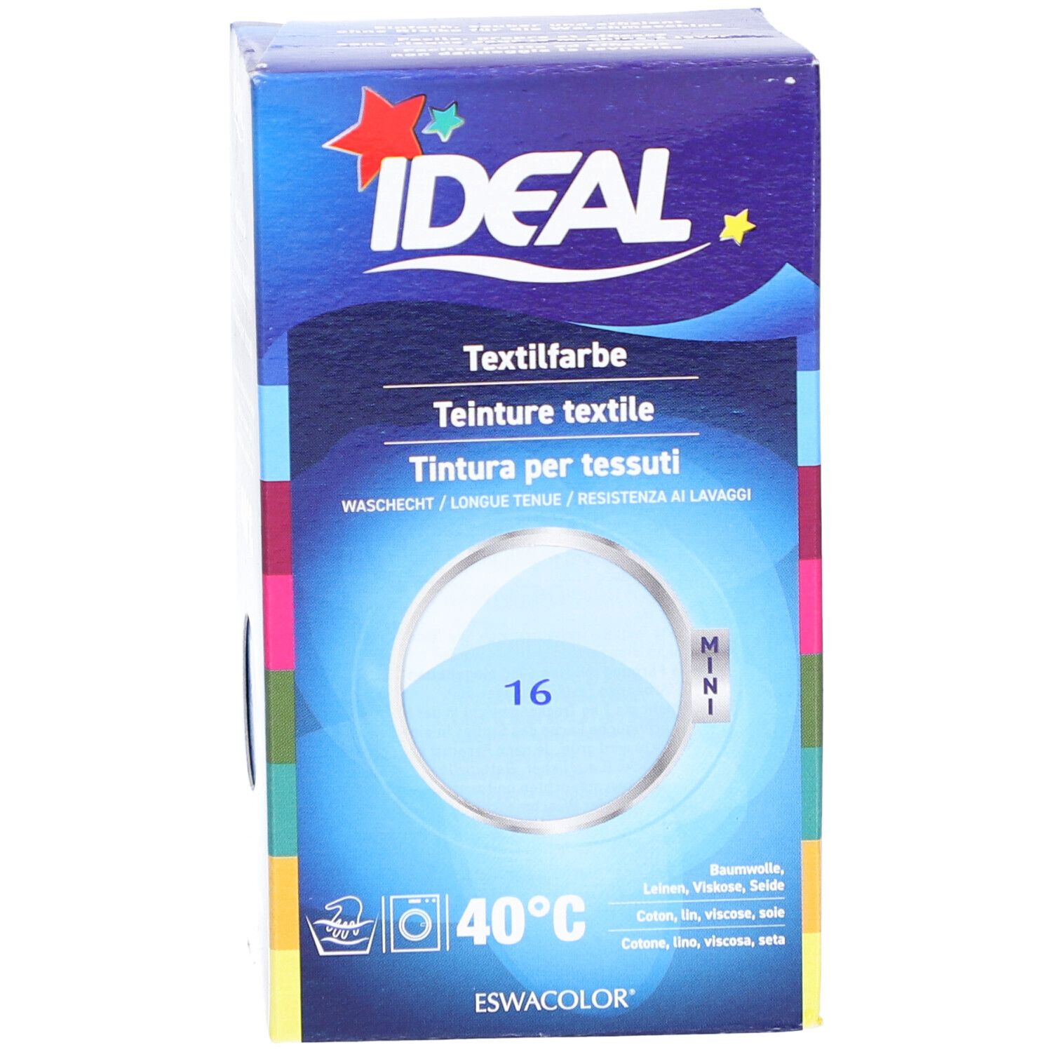 Boîte de teinture textile IDEAL, bleu clair, numéro 16. Pour coton, lin, viscose et soie. Lavage à 40°C.