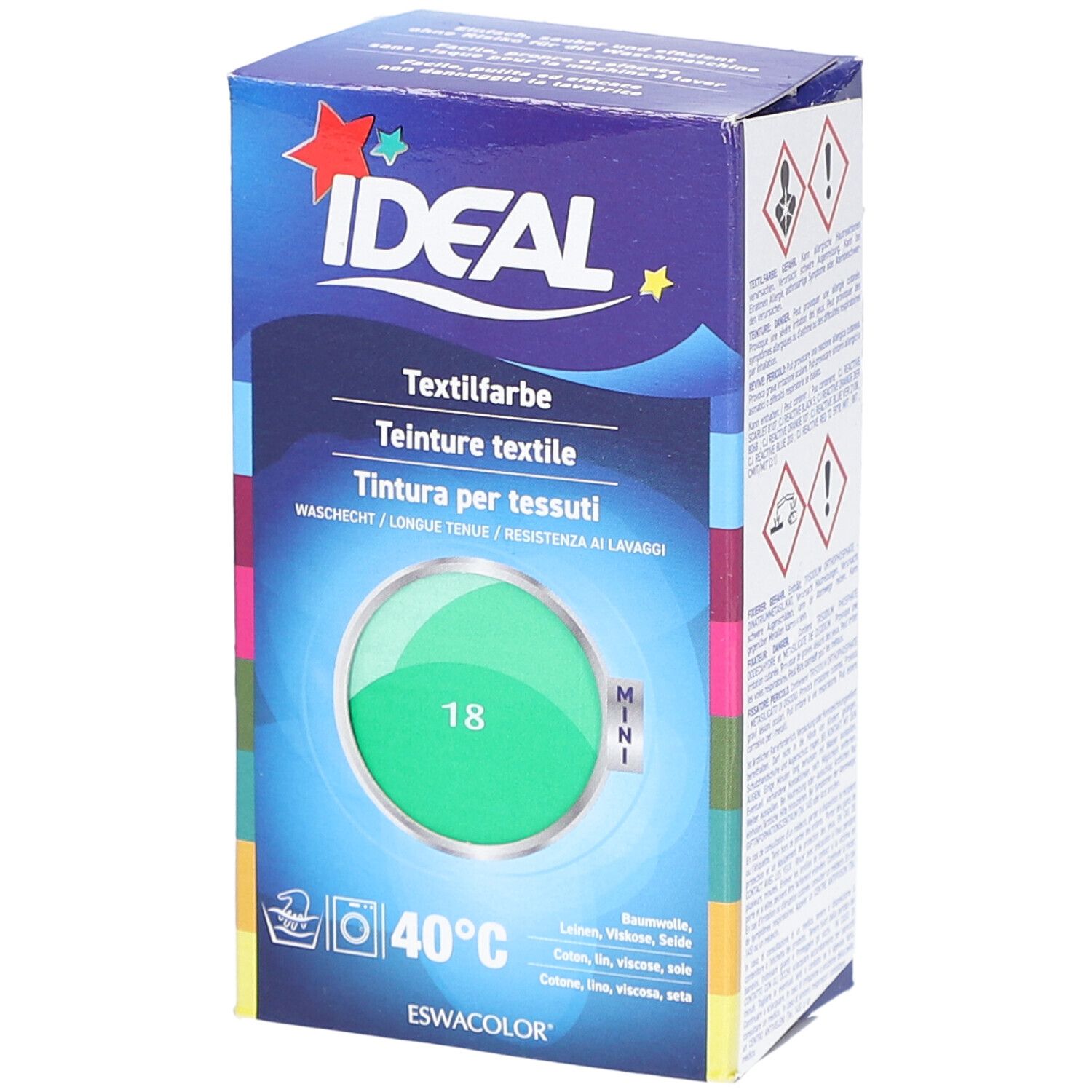 Teinture textile Ideal Mini, couleur verte. Boîte avec indications de lavage à 40°C. Numéro de couleur 18.