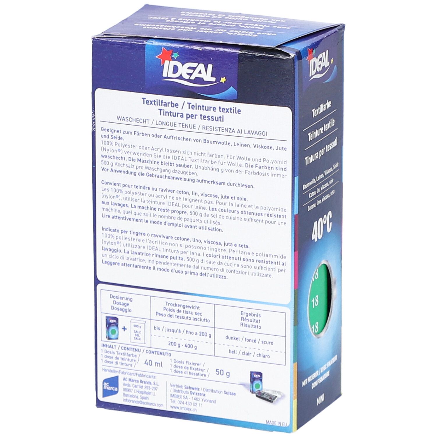 Dos de l'emballage Ideal Textilfarbe Mini. Informations d'utilisation et instructions de lavage. Numéro 18.