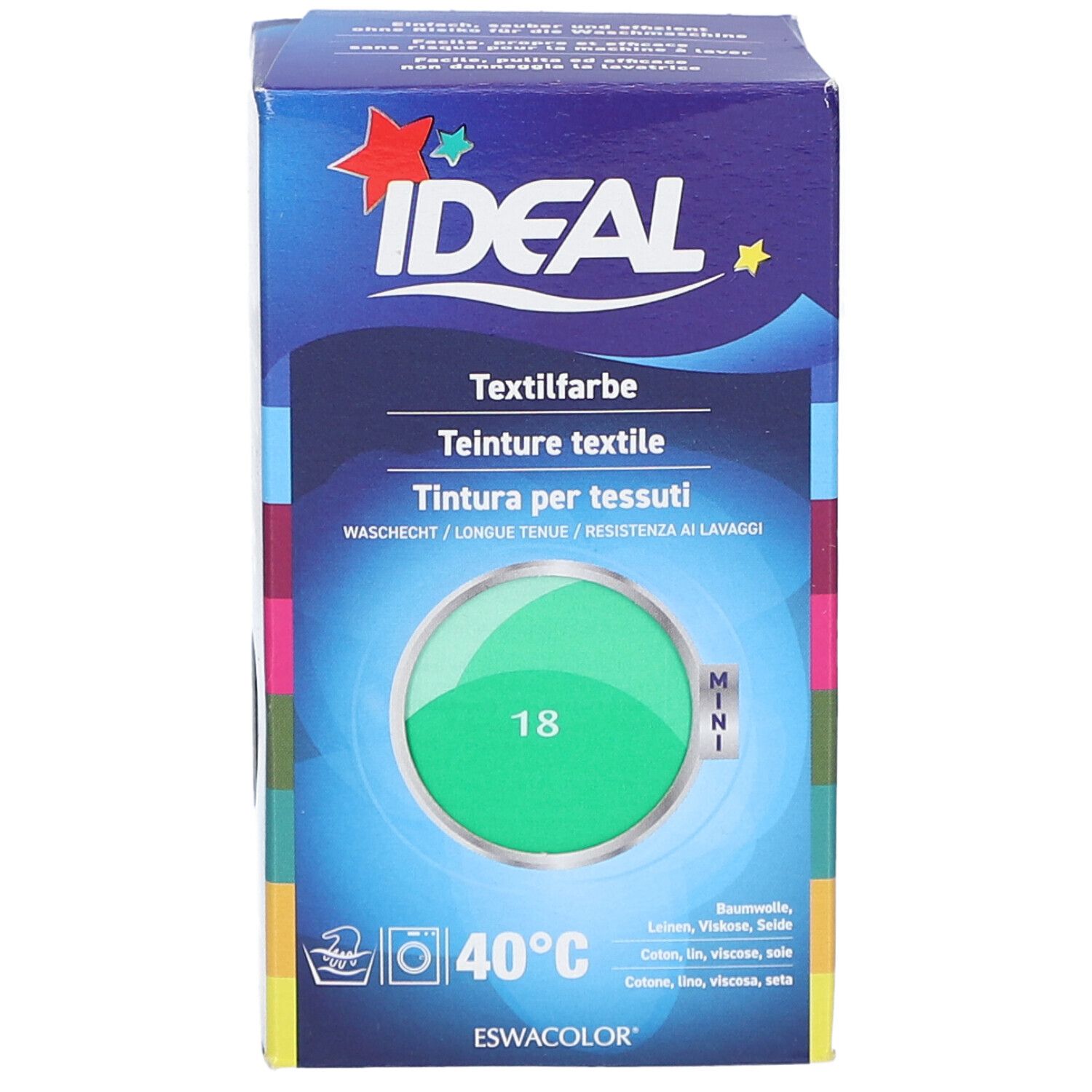 Teinture textile Ideal Mini. Boîte avec teinture verte. Instructions de lavage à 40°C. Numéro 18.