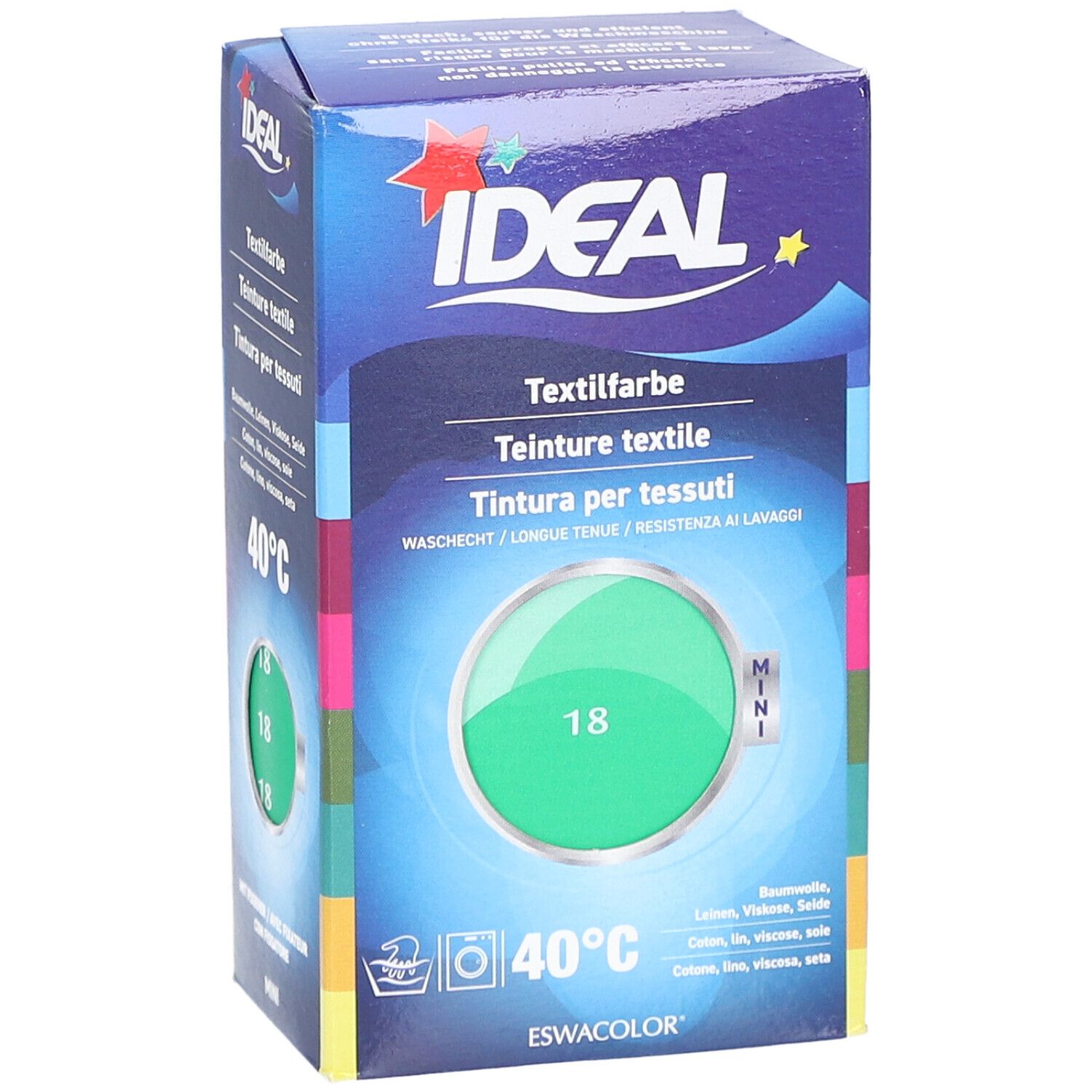 Teinture textile Ideal Mini. Boîte avec teinture verte. Instructions de lavage à 40°C. Numéro 18.