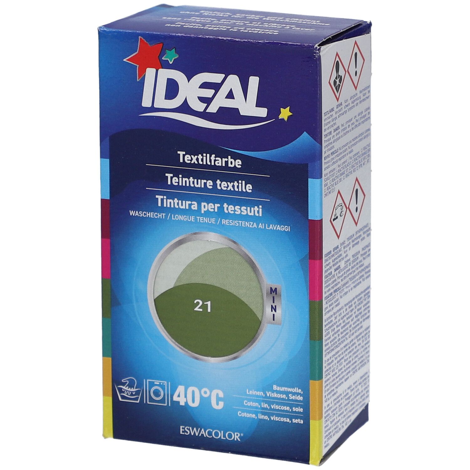 Boîte de teinture textile IDEAL. Inscriptions : Teinture textile, Mini, couleur 21 Khaki, 40°C. Contient coton, lin, viscose, soie.