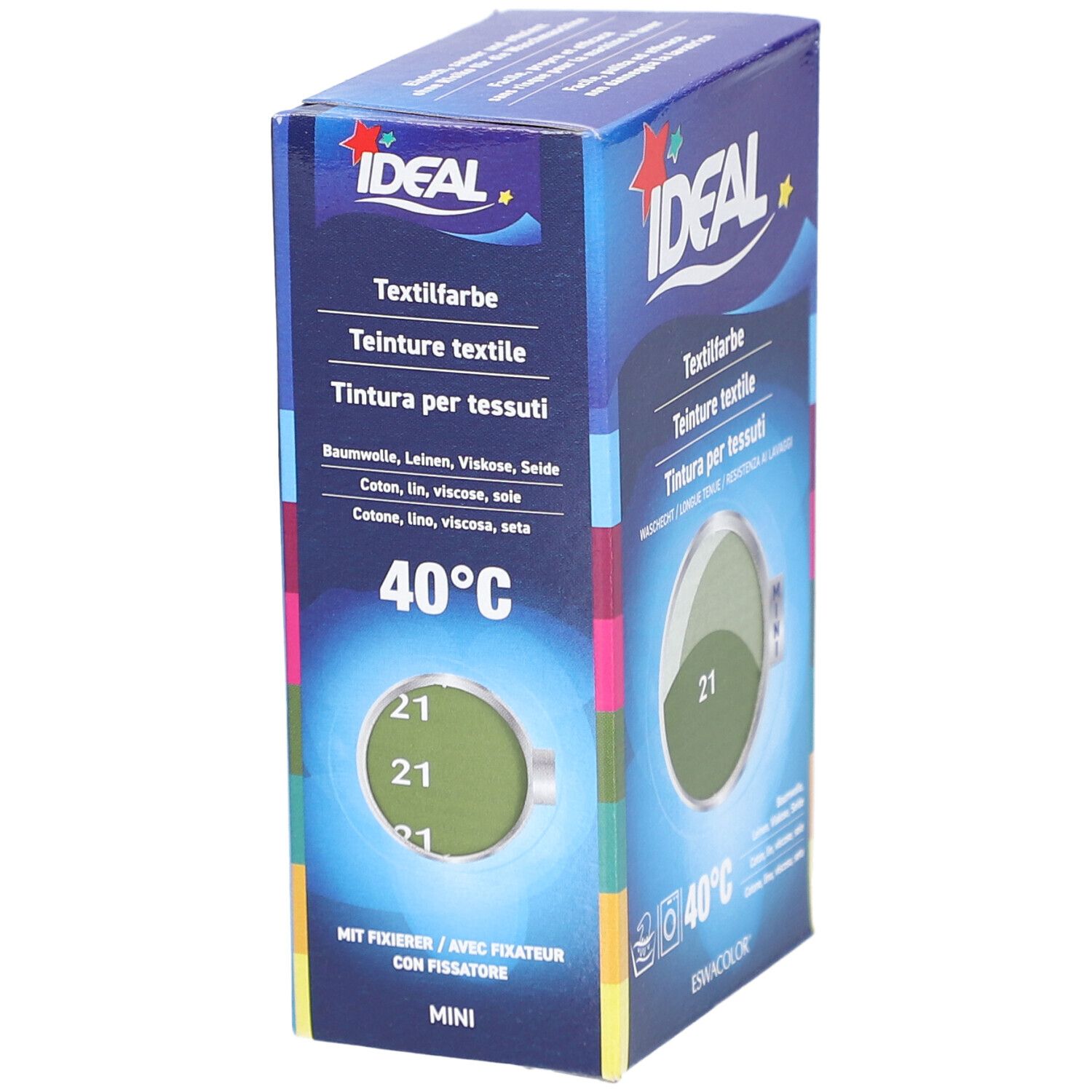 Boîte de teinture textile IDEAL. Inscriptions : Teinture textile, Mini, couleur 21 Khaki, 40°C. Contient coton, lin, viscose, soie.