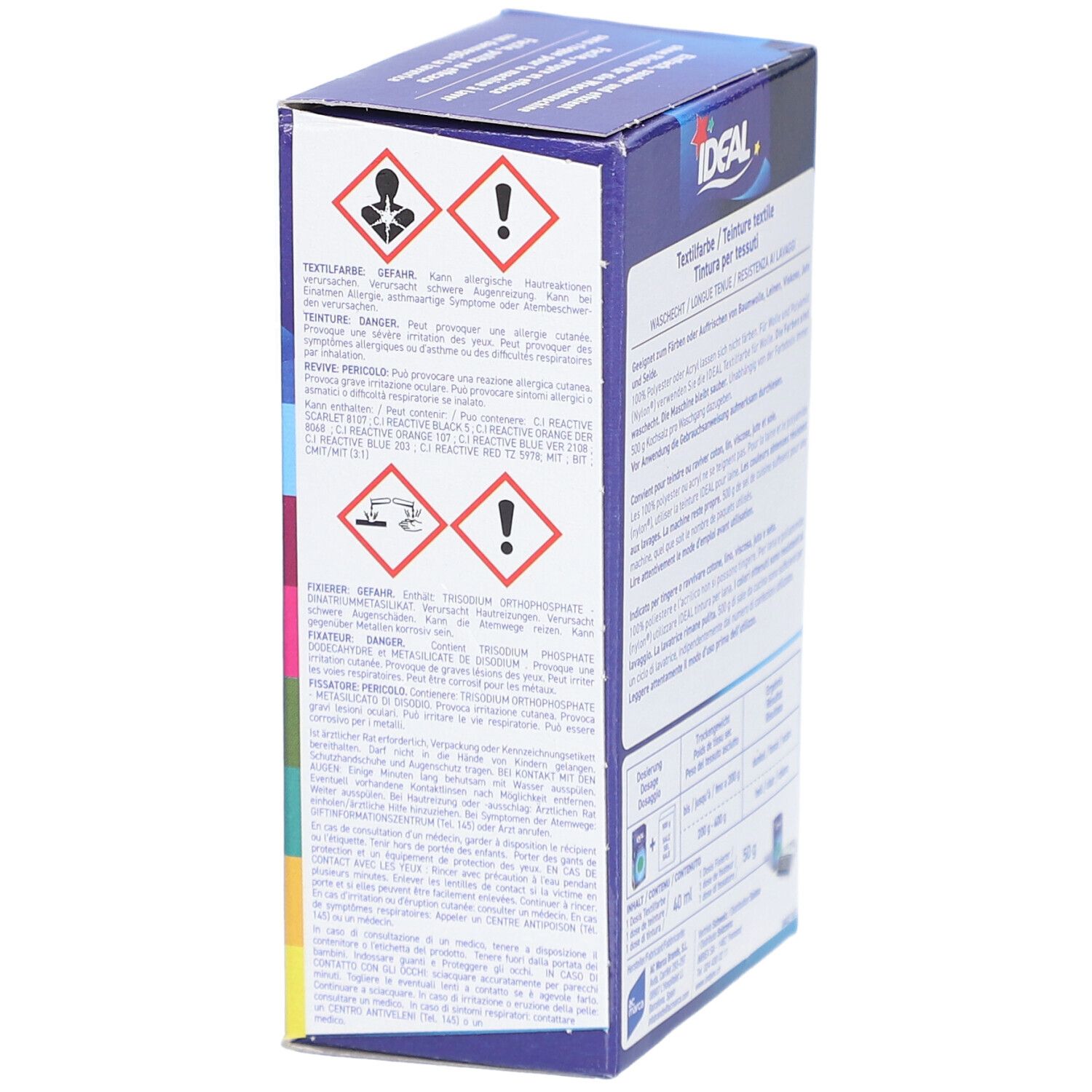 Côté de l'emballage de teinture textile IDEAL. Avertissements et pictogrammes. Informations sur l'utilisation sûre du produit.