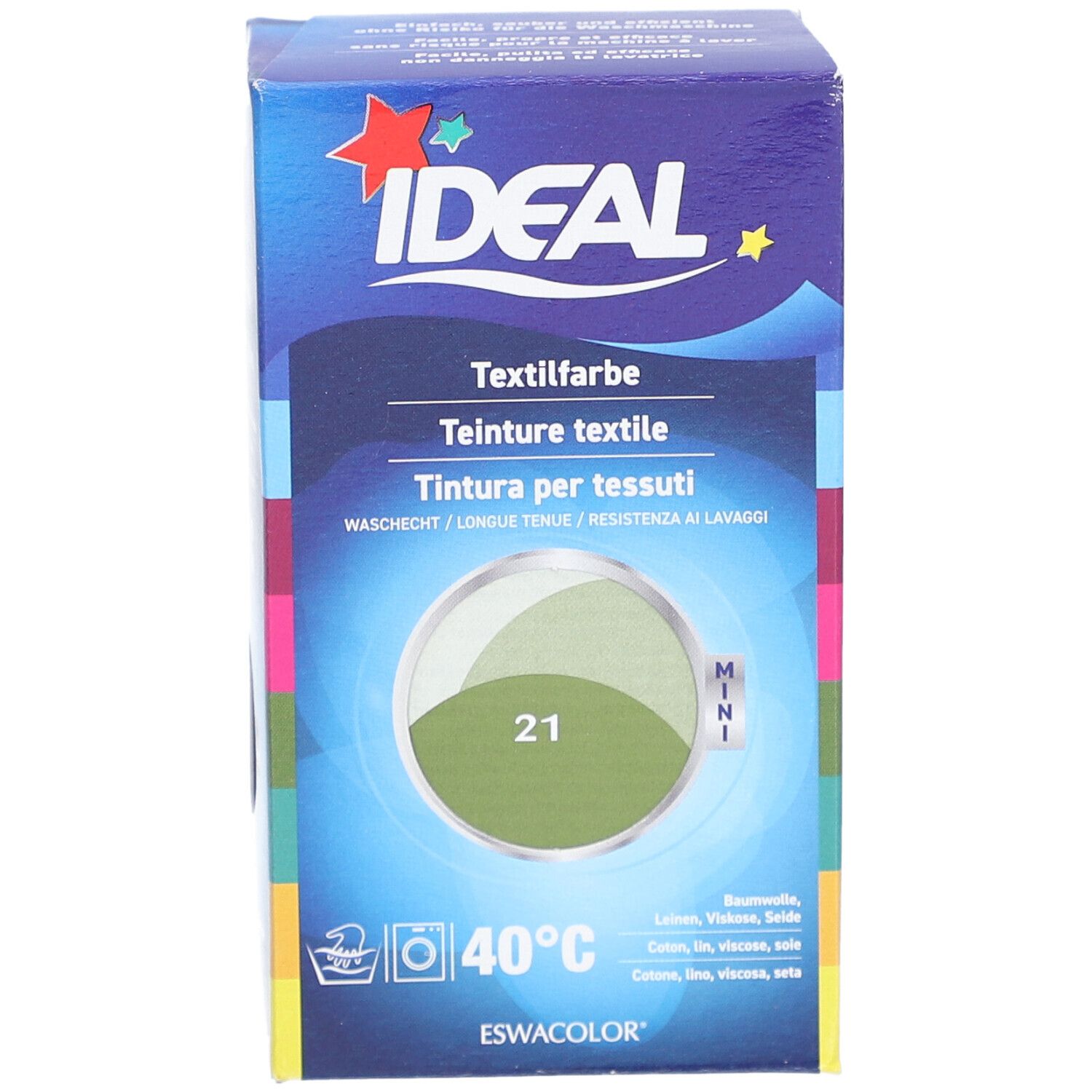Boîte de teinture textile IDEAL. Inscriptions : Teinture textile, Mini, couleur 21 Khaki, 40°C. Contient coton, lin, viscose, soie.