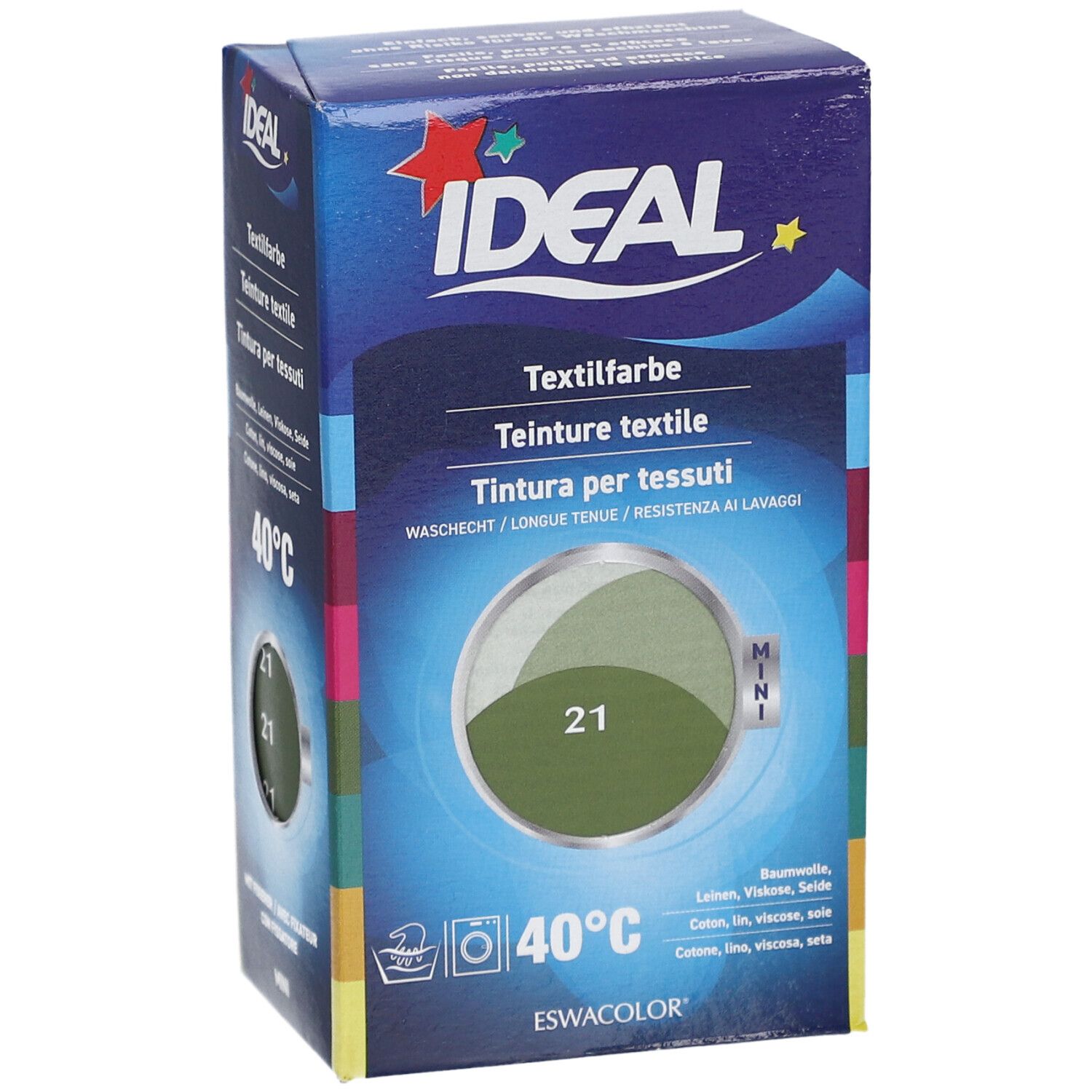 Boîte de teinture textile IDEAL. Inscriptions : Teinture textile, Mini, couleur 21 Khaki, 40°C. Contient coton, lin, viscose, soie.