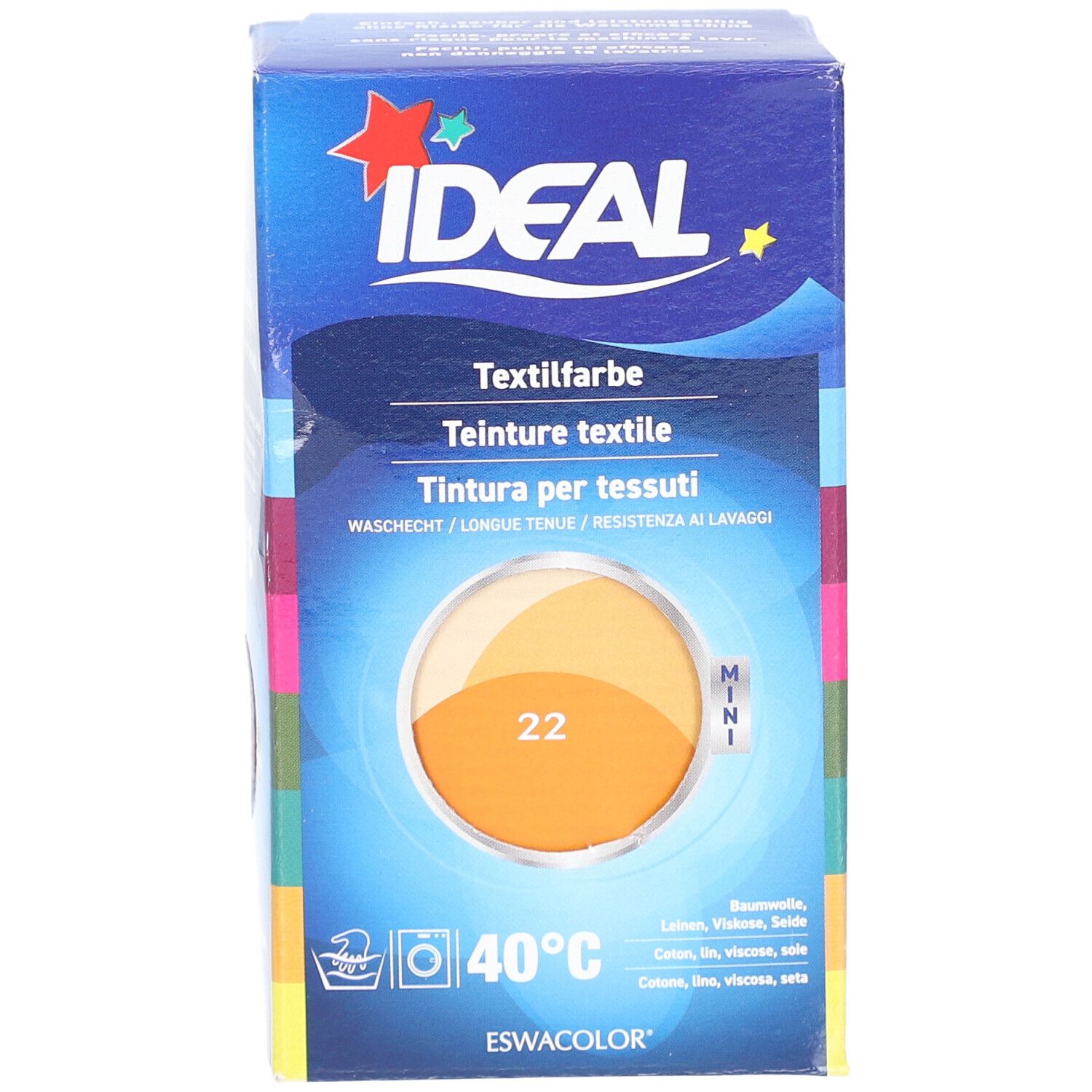 Boîte de teinture textile IDEAL, Mini, n°22. Cercle de couleurs orange-jaune. Symboles de lavage et de température.