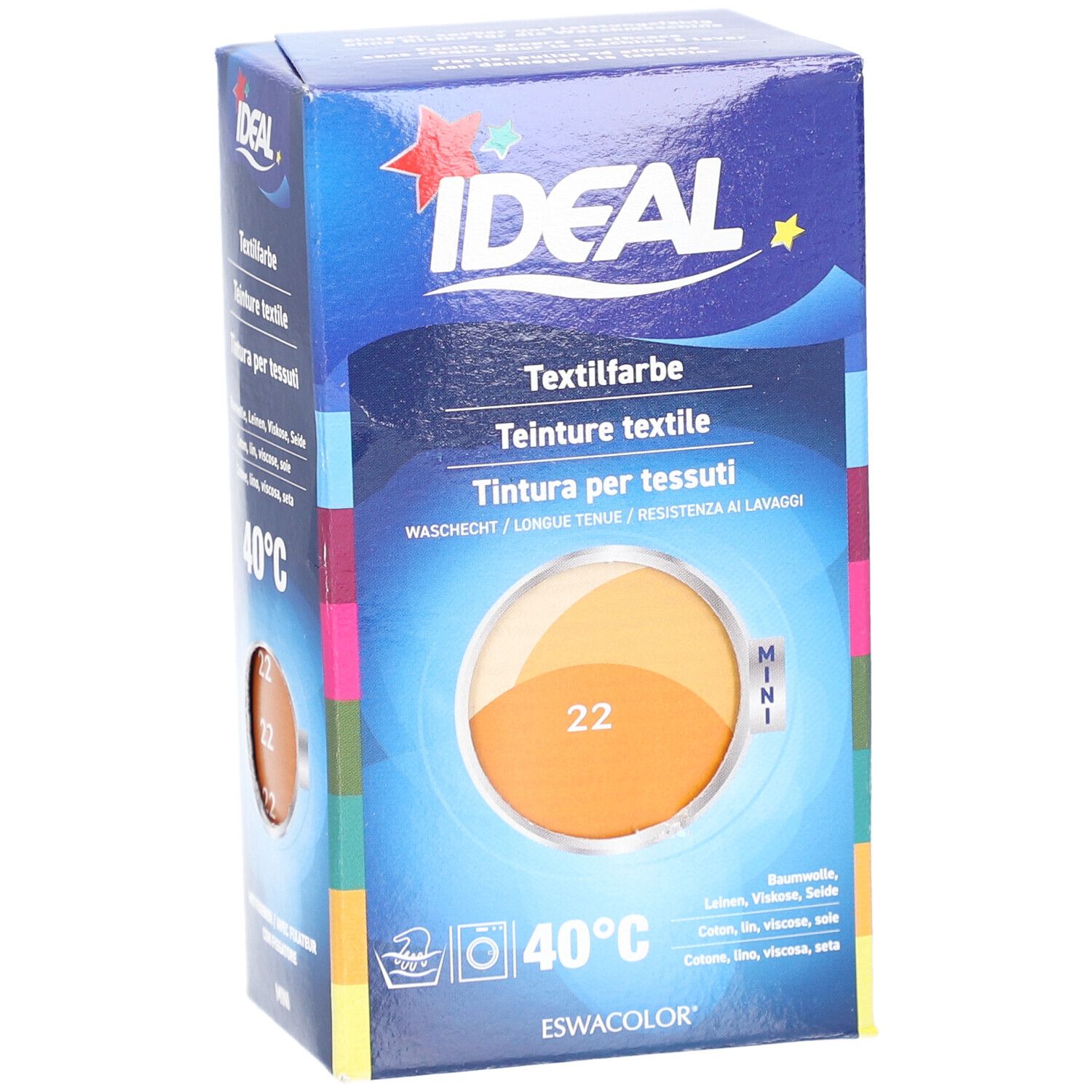 Boîte de teinture textile IDEAL, Mini, n°22. Cercle de couleurs orange-jaune. Symboles de lavage et de température.
