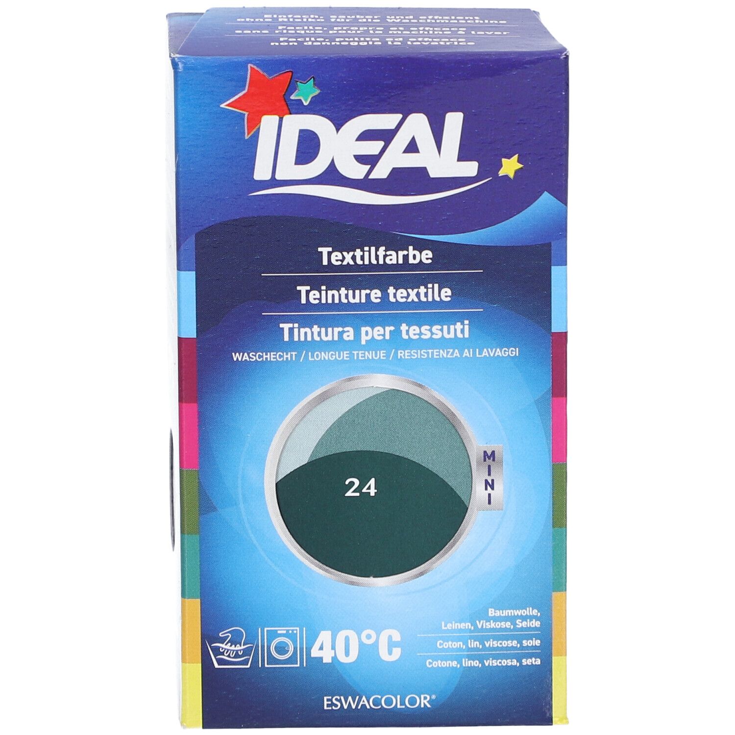Boîte de teinture textile IDEAL, Mini. Couleur 24 vert sapin. Symboles de lavage et température 40°C.
