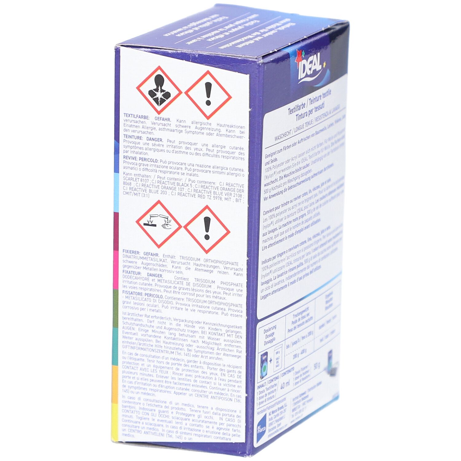 Côté de la teinture textile Ideal. Avertissements et symboles de danger. Lavable à 40°C. Pour coton, lin, viscose et soie. Avec fixateur.